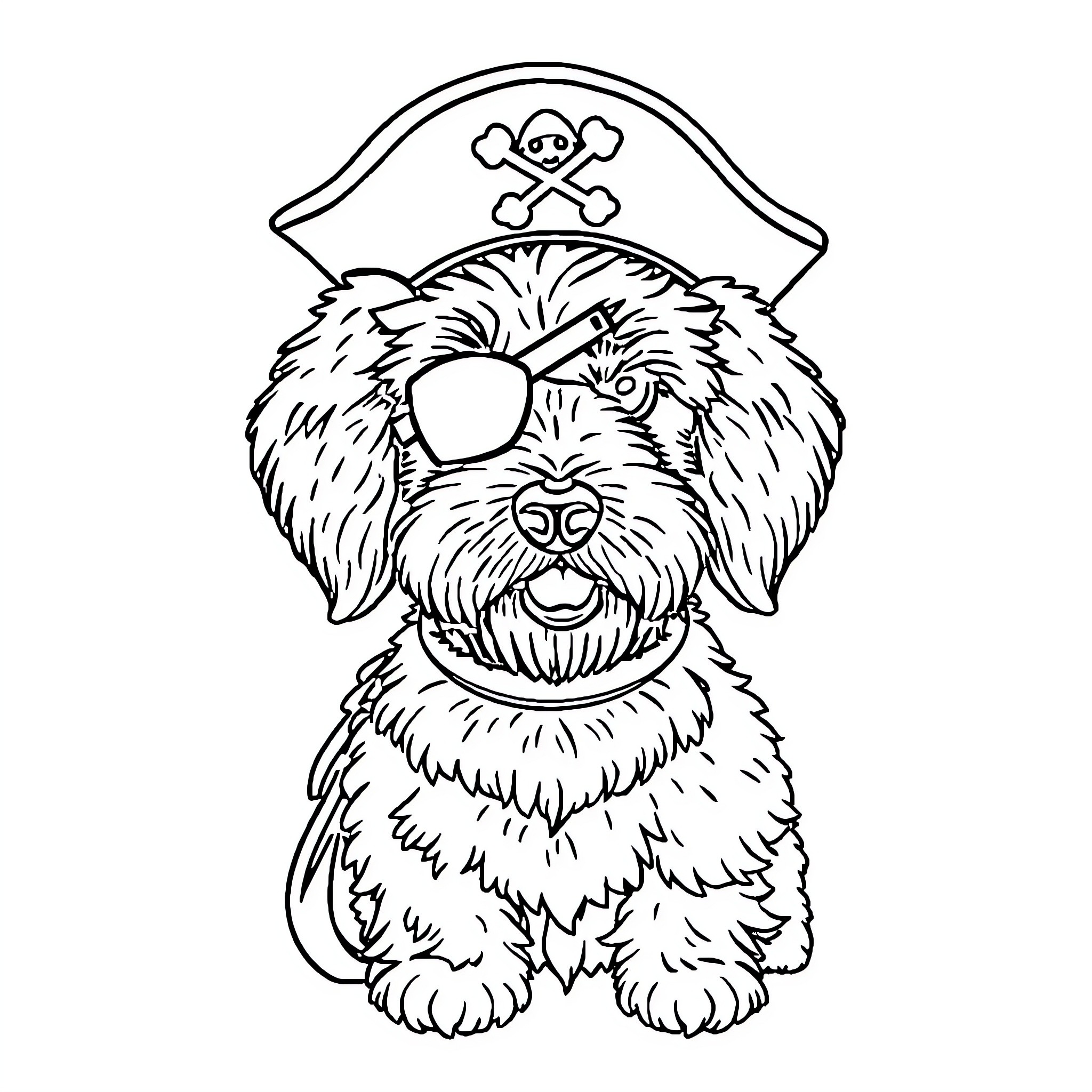 Goldendoodle dog dressed as a pirate Coloring Page (free black-and-white line drawing printable PDF for all, from beginners to advanced learners, including children, teens, adults, and seniors)