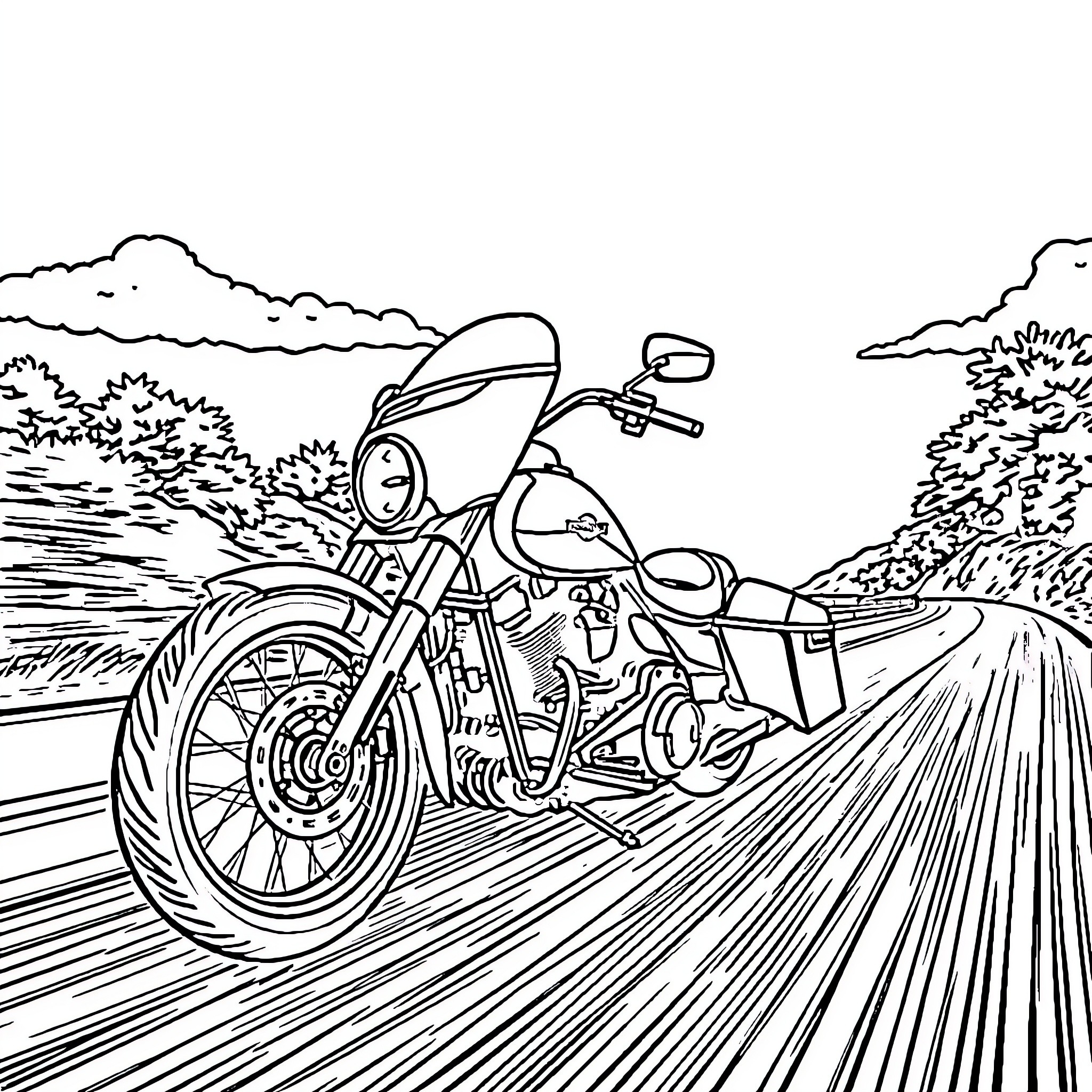 Harley riding fast along winding road Coloring Page (free black-and-white line drawing printable PDF for all, from beginners to advanced learners, including children, teens, adults, and seniors)