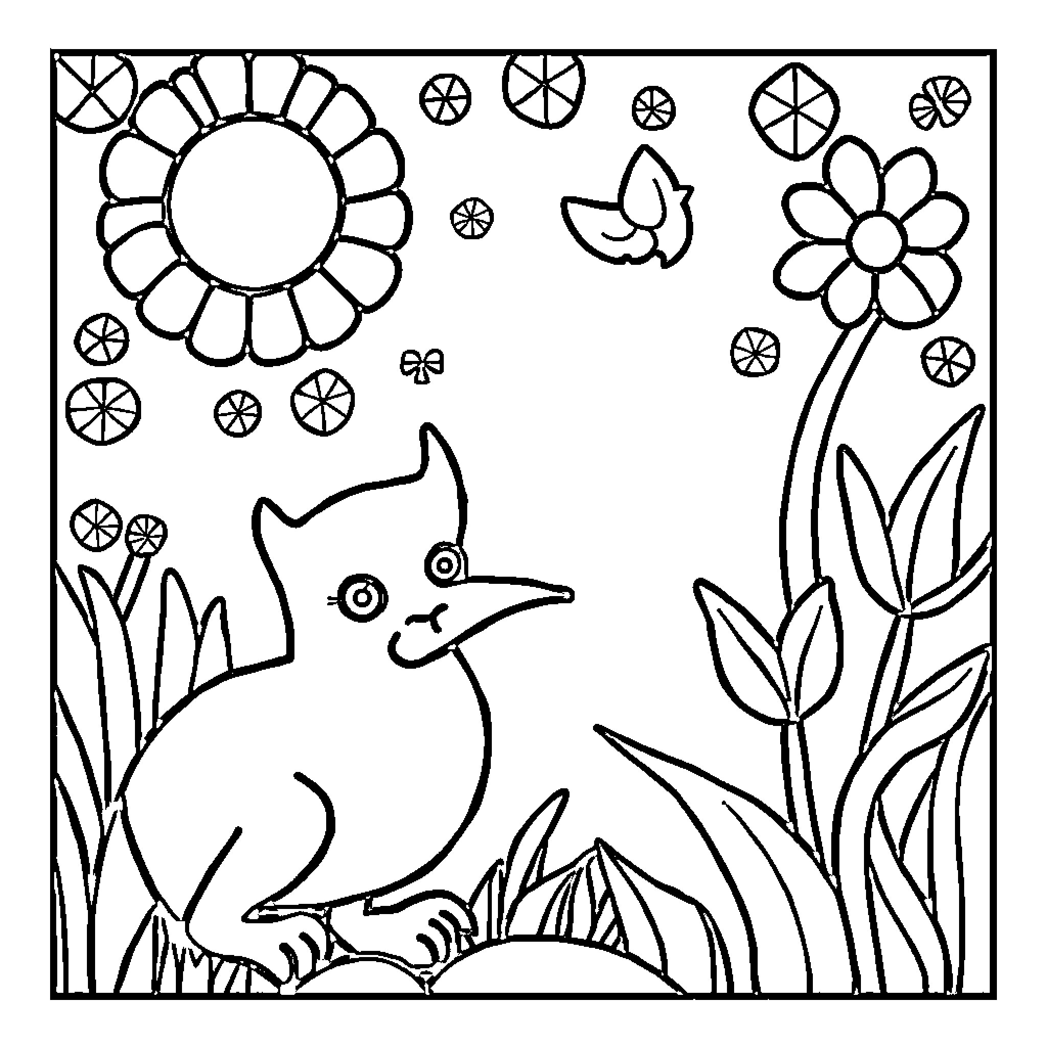 Addition of Vibrant Flowers and Playful Creatures Coloring Page (free black-and-white line drawing printable PDF for all, from beginners to advanced learners, including children, teens, adults, and seniors)