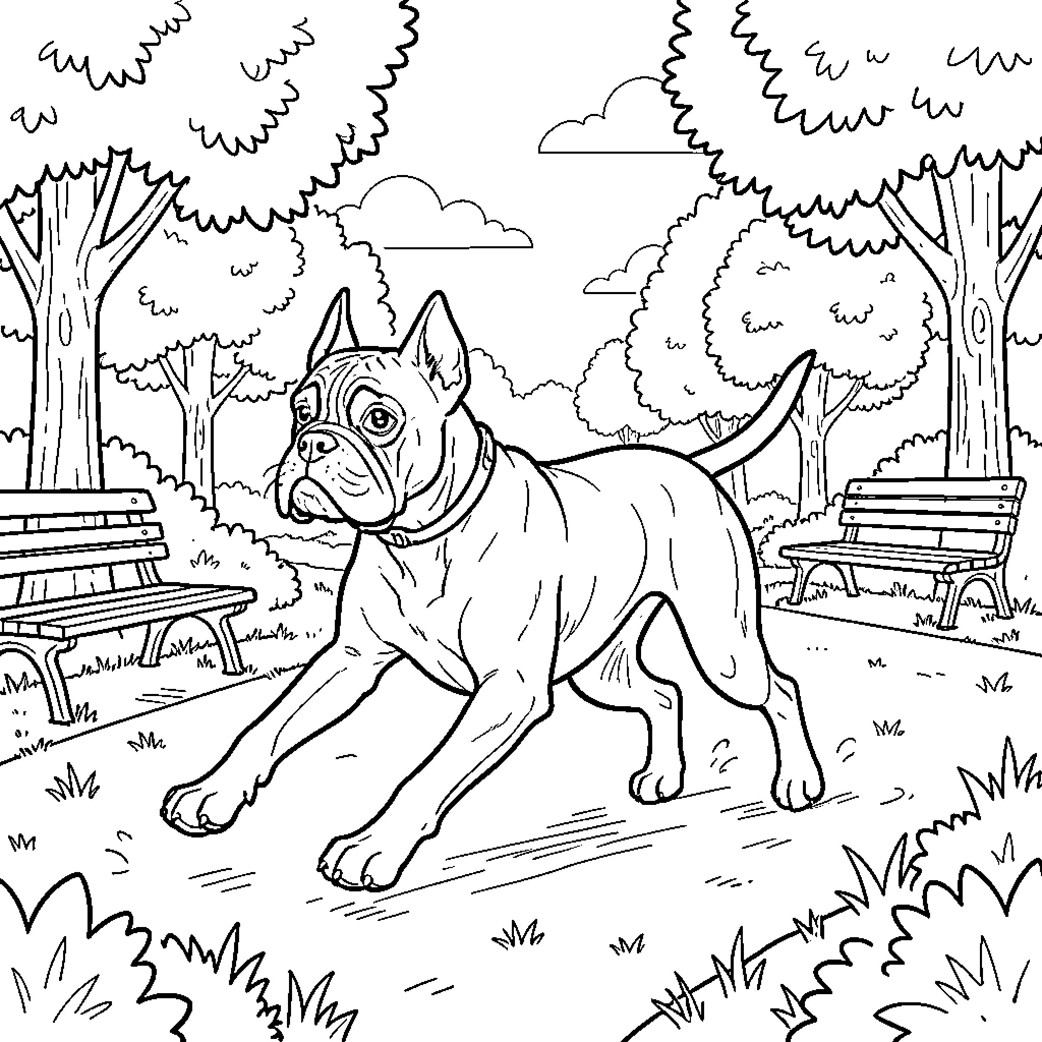 Boxer Dog walking through a sunny park Coloring Page (free black-and-white line drawing printable PDF for all, from beginners to advanced learners, including children, teens, adults, and seniors)