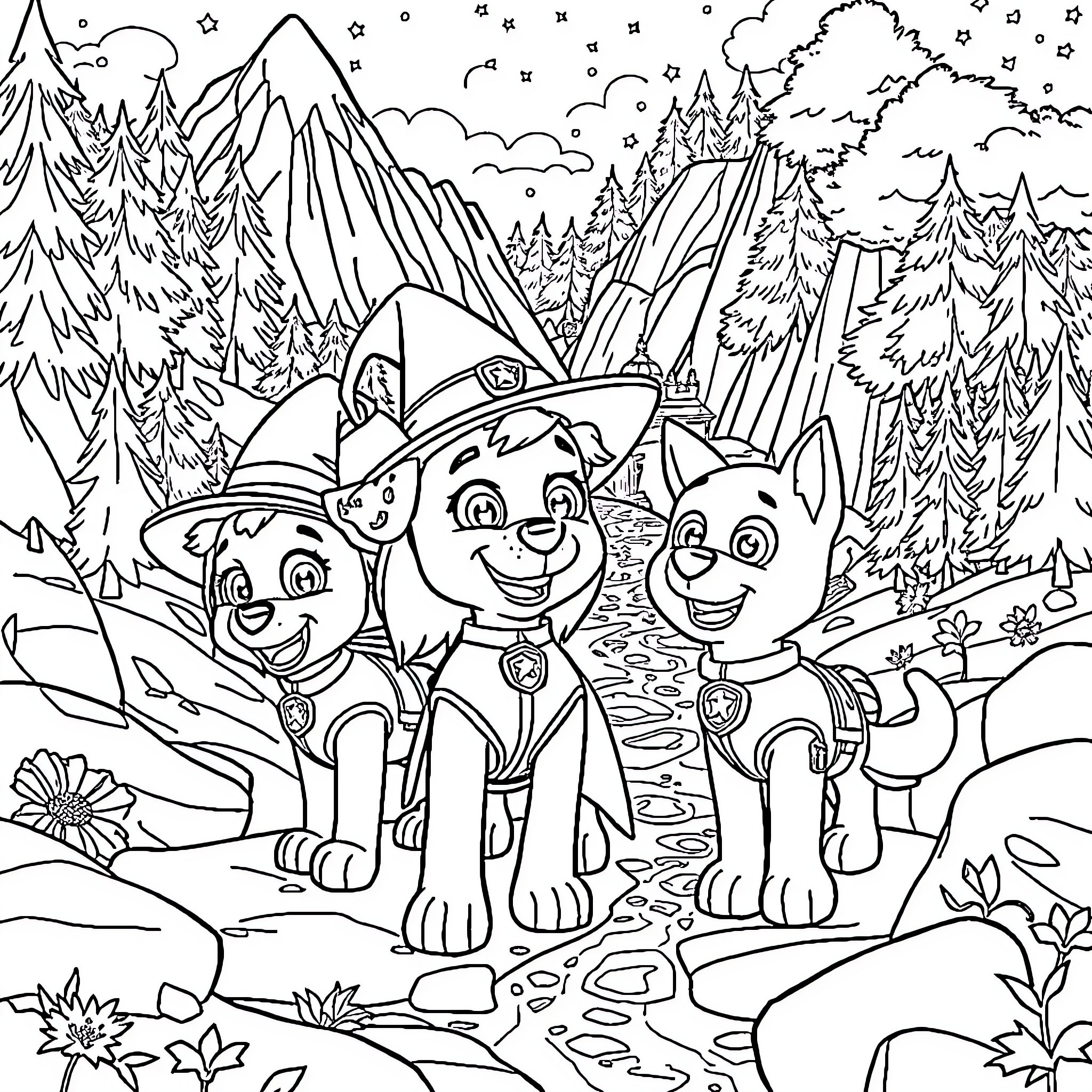 Witch Paw Patrol Puppies on Camping Adventure Coloring Page (free black-and-white line drawing printable PDF for all, from beginners to advanced learners, including children, teens, adults, and seniors)