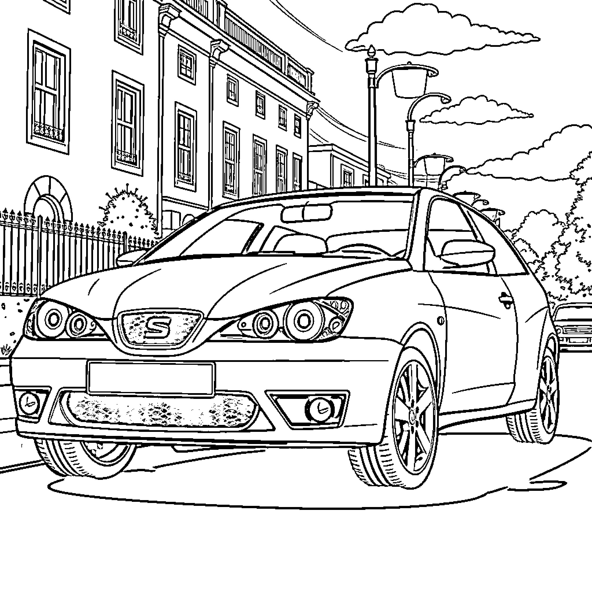 Seat Ibiza parked on city street Coloring Page (free black-and-white line drawing printable PDF for all, from beginners to advanced learners, including children, teens, adults, and seniors)