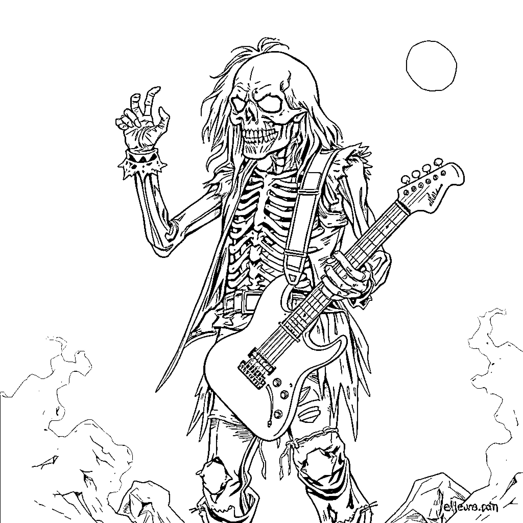 Eddie, the Skeleton Rocker Shreds on Guitar Coloring Page (free black-and-white line drawing printable PDF for all, from beginners to advanced learners, including children, teens, adults, and seniors)