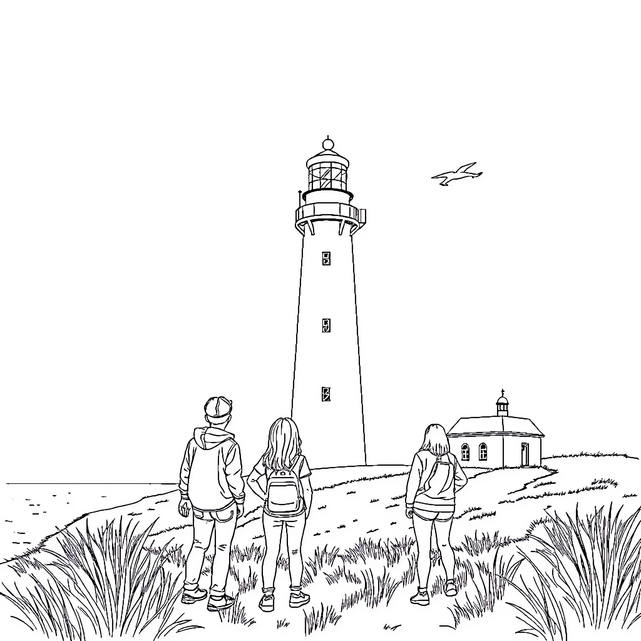 Lighthouse with people walking on the shore Coloring Page (free black-and-white line drawing printable PDF for all, from beginners to advanced learners, including children, teens, adults, and seniors)