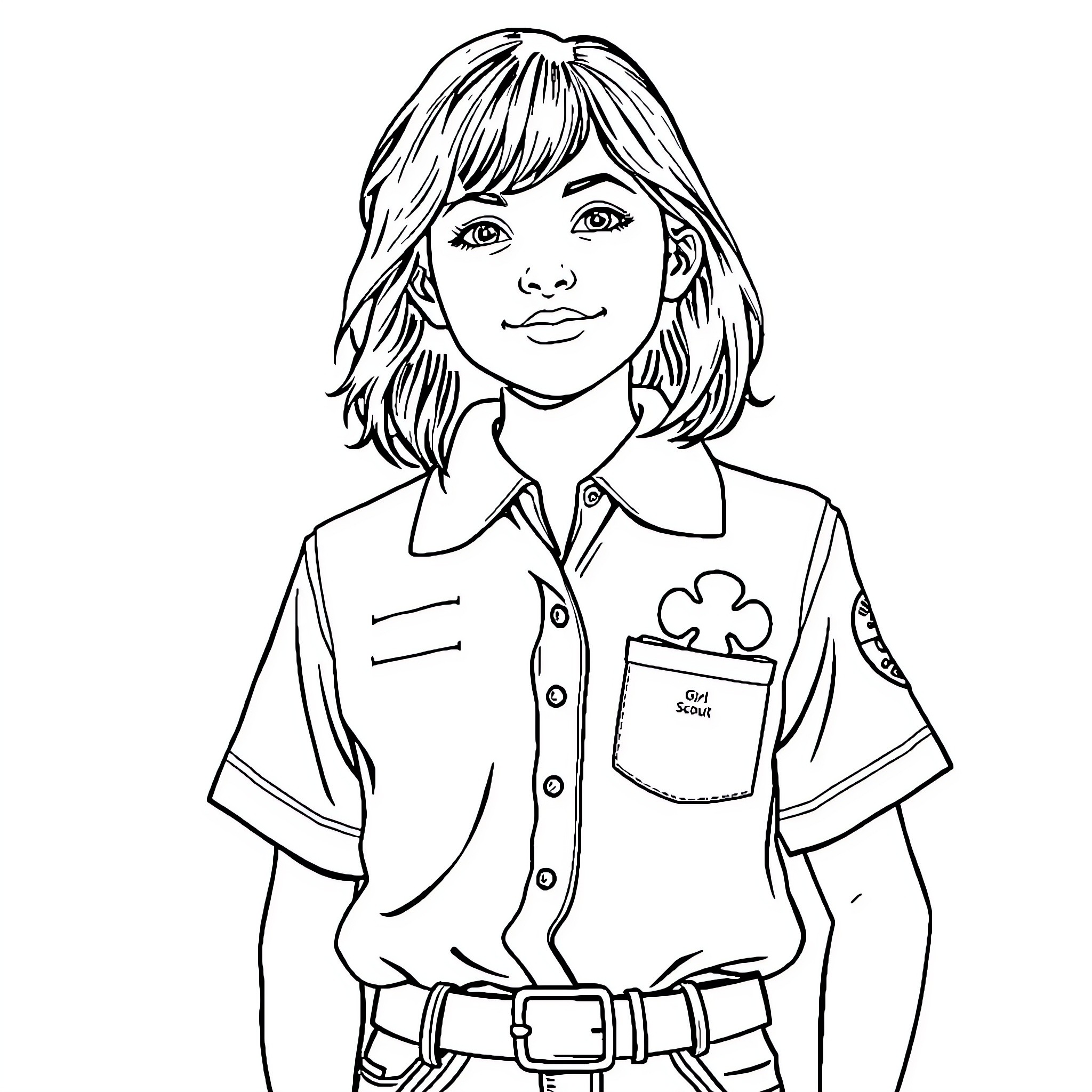 Girl Scout in uniform with thoughtful expression Coloring Page (free black-and-white line drawing printable PDF for all, from beginners to advanced learners, including children, teens, adults, and seniors)