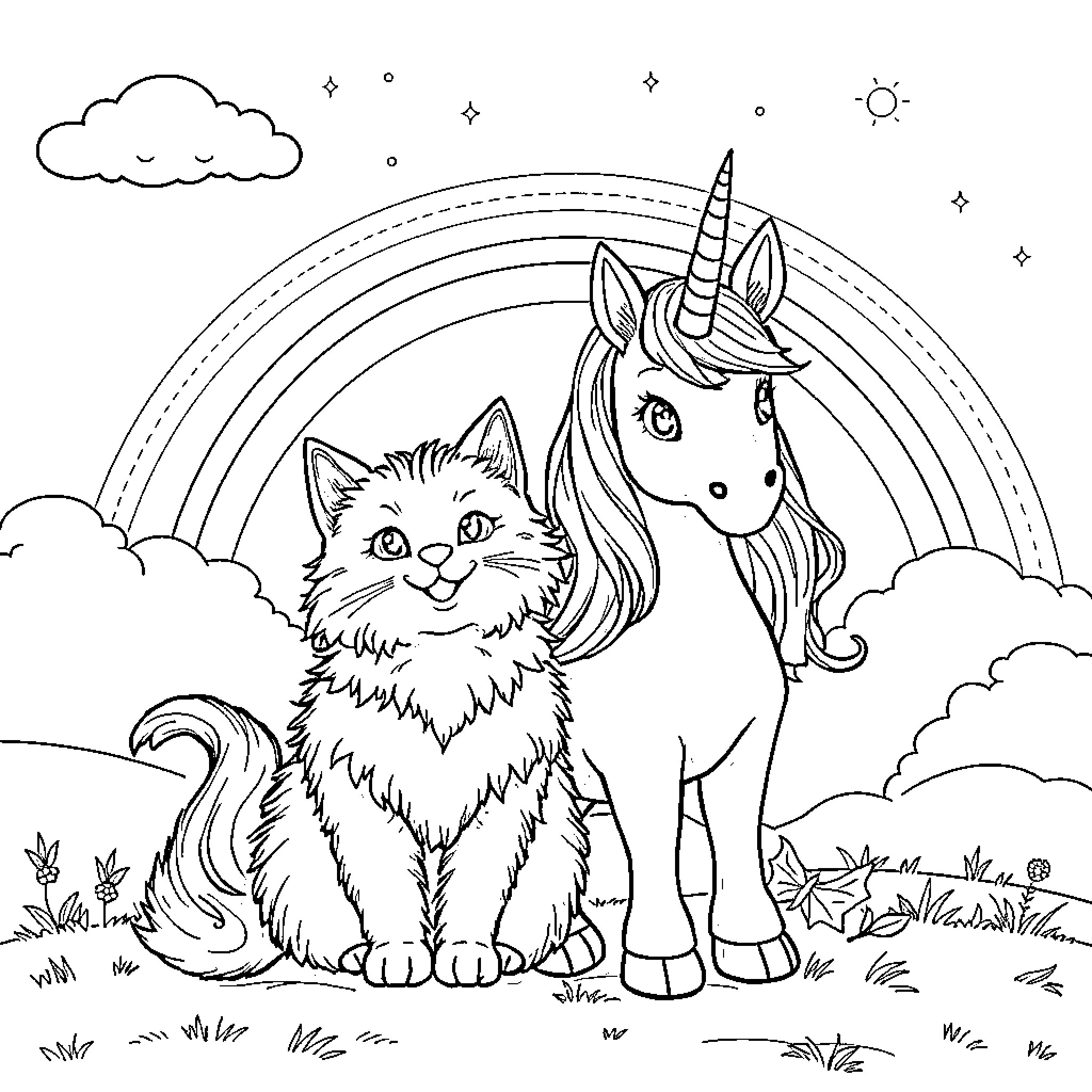 Cat and Unicorn under a Colorful Rainbow Coloring Page (free black-and-white line drawing printable PDF for all, from beginners to advanced learners, including children, teens, adults, and seniors)