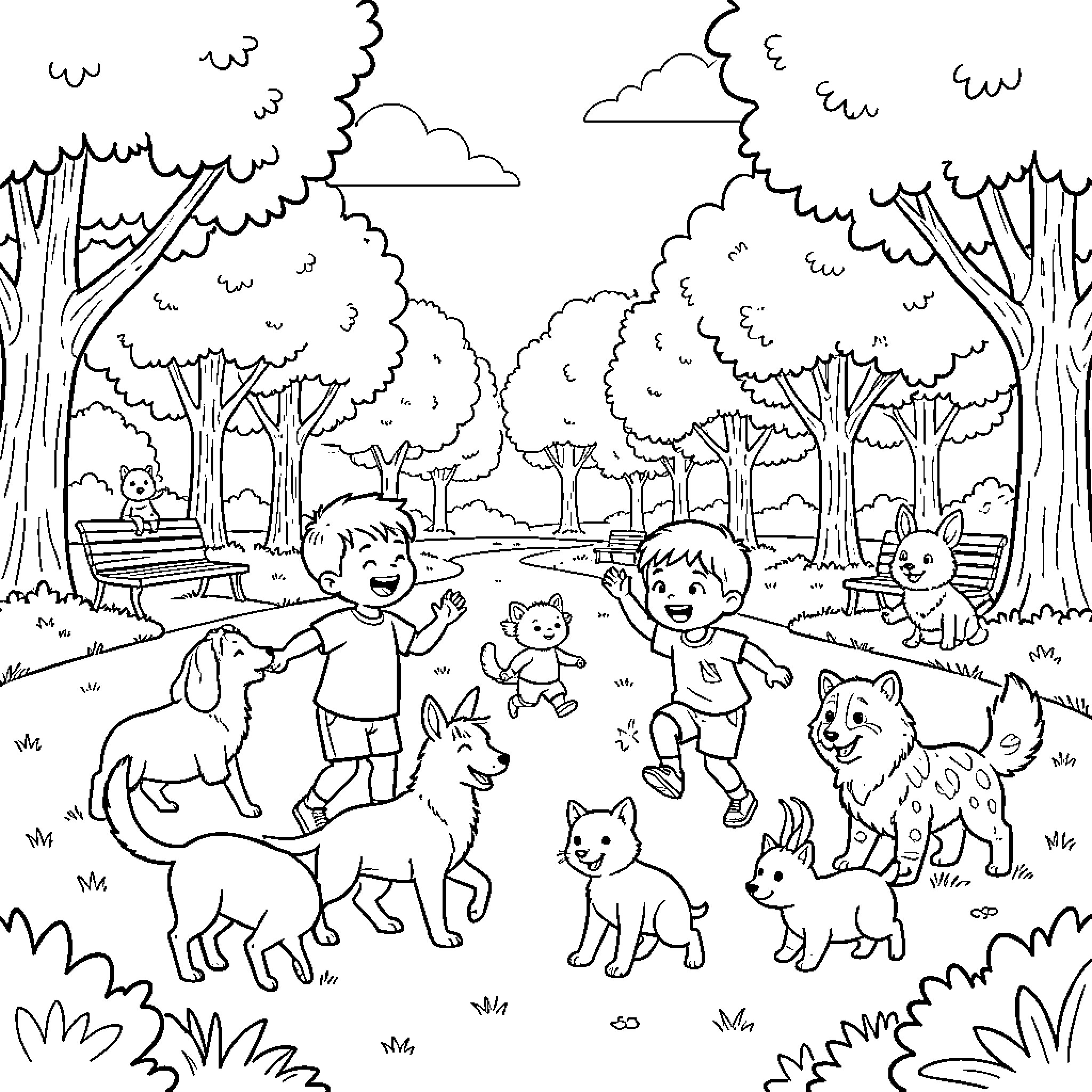 Kid playing joyfully with many animals in a park Coloring Page (free black-and-white line drawing printable PDF for all, from beginners to advanced learners, including children, teens, adults, and seniors)