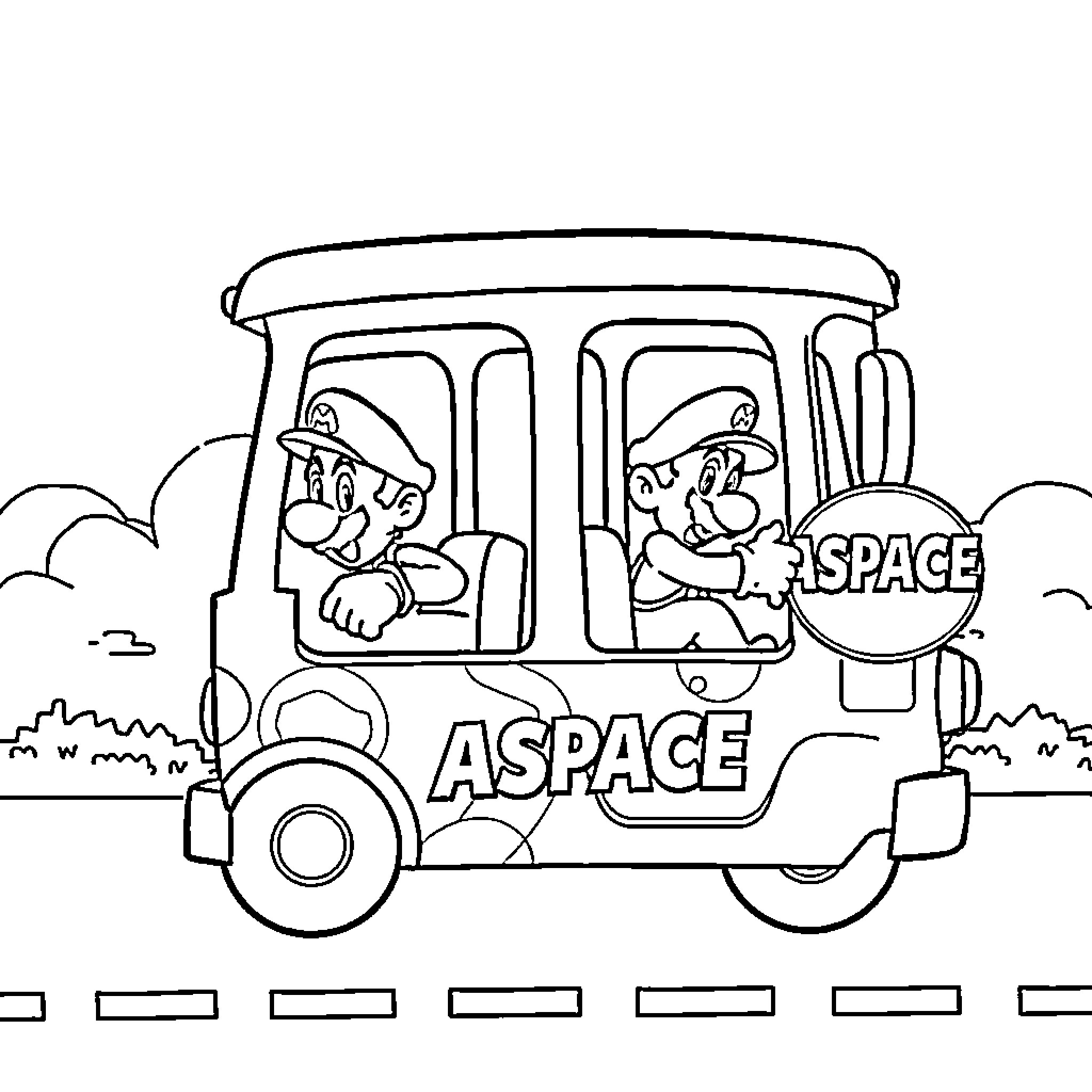 Super Mario Brothers Astronauts Riding Aspace Vehicle Coloring Page (free black-and-white line drawing printable PDF for all, from beginners to advanced learners, including children, teens, adults, and seniors)