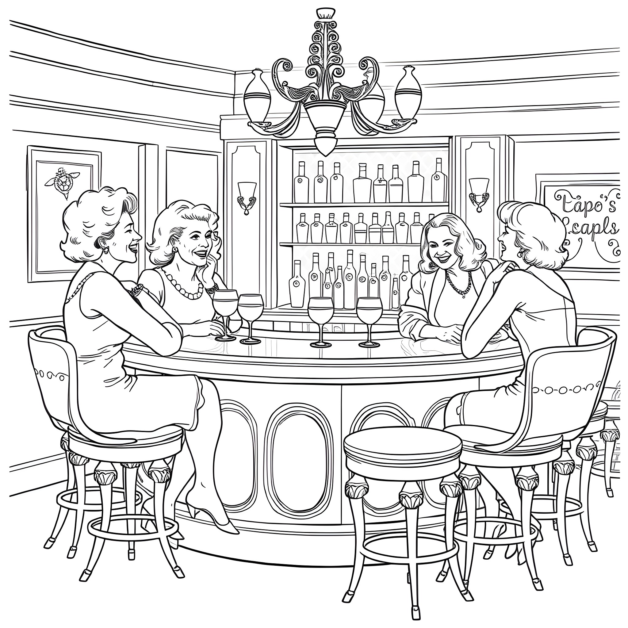 Girls Socializing and Enjoying Drinks at Vintage Bar Coloring Page (free black-and-white line drawing printable PDF for all, from beginners to advanced learners, including children, teens, adults, and seniors)