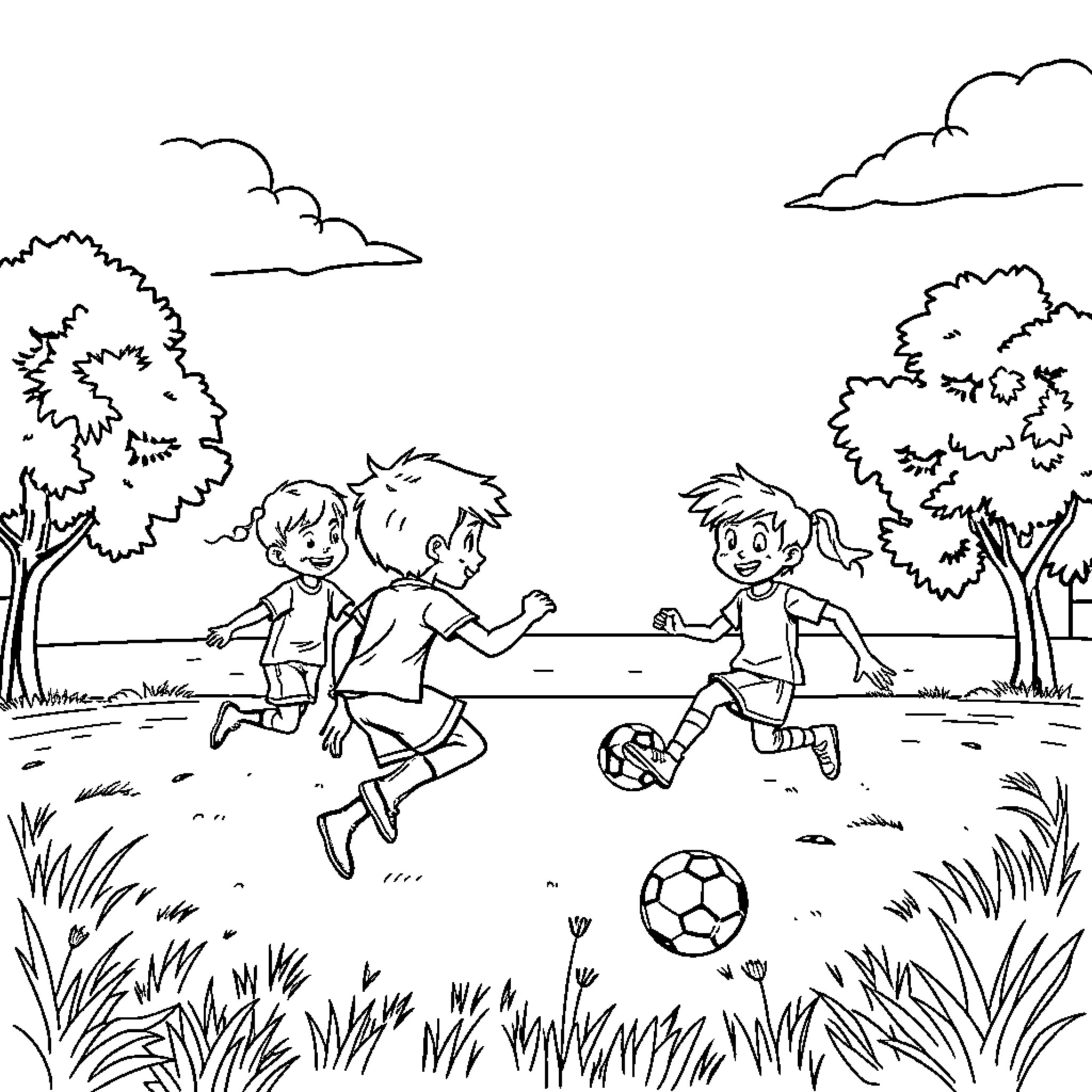 Soccer game among friends in a park Coloring Page (free black-and-white line drawing printable PDF for all, from beginners to advanced learners, including children, teens, adults, and seniors)