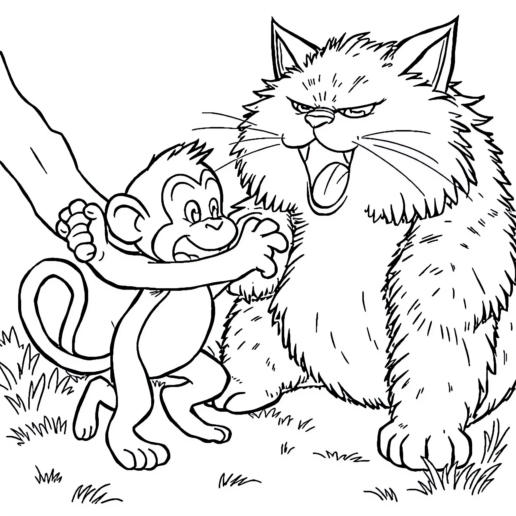 Monkey and Angry Cat in Outdoors Coloring Page (free black-and-white line drawing printable PDF for all, from beginners to advanced learners, including children, teens, adults, and seniors)