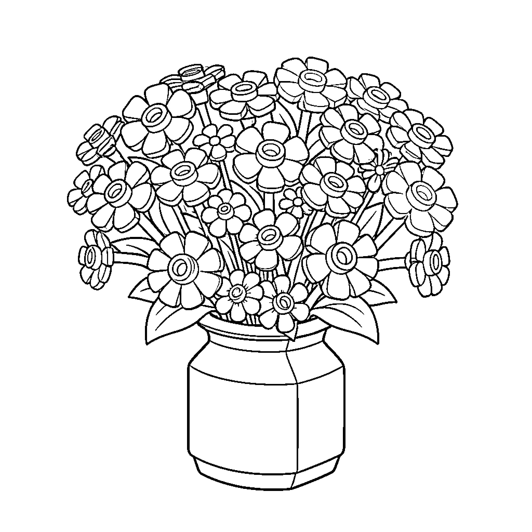 Lego Flower Bouquet Arrangement in Vase Coloring Page (free black-and-white line drawing printable PDF for all, from beginners to advanced learners, including children, teens, adults, and seniors)