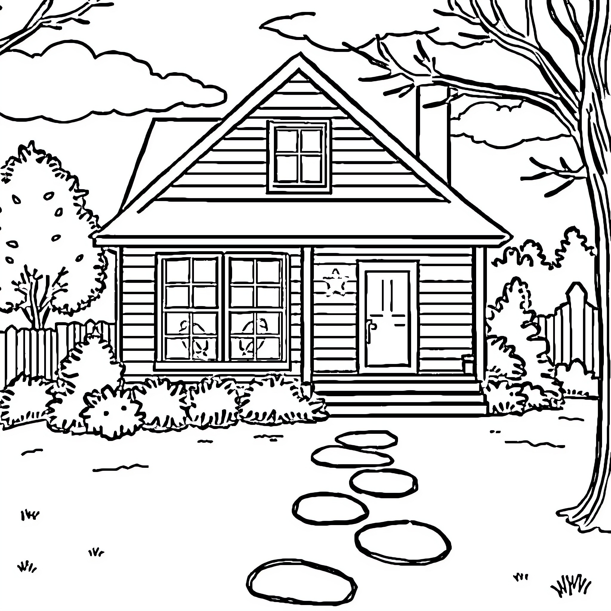 Home in Peaceful Countryside Landscape Coloring Page (free black-and-white line drawing printable PDF for all, from beginners to advanced learners, including children, teens, adults, and seniors)