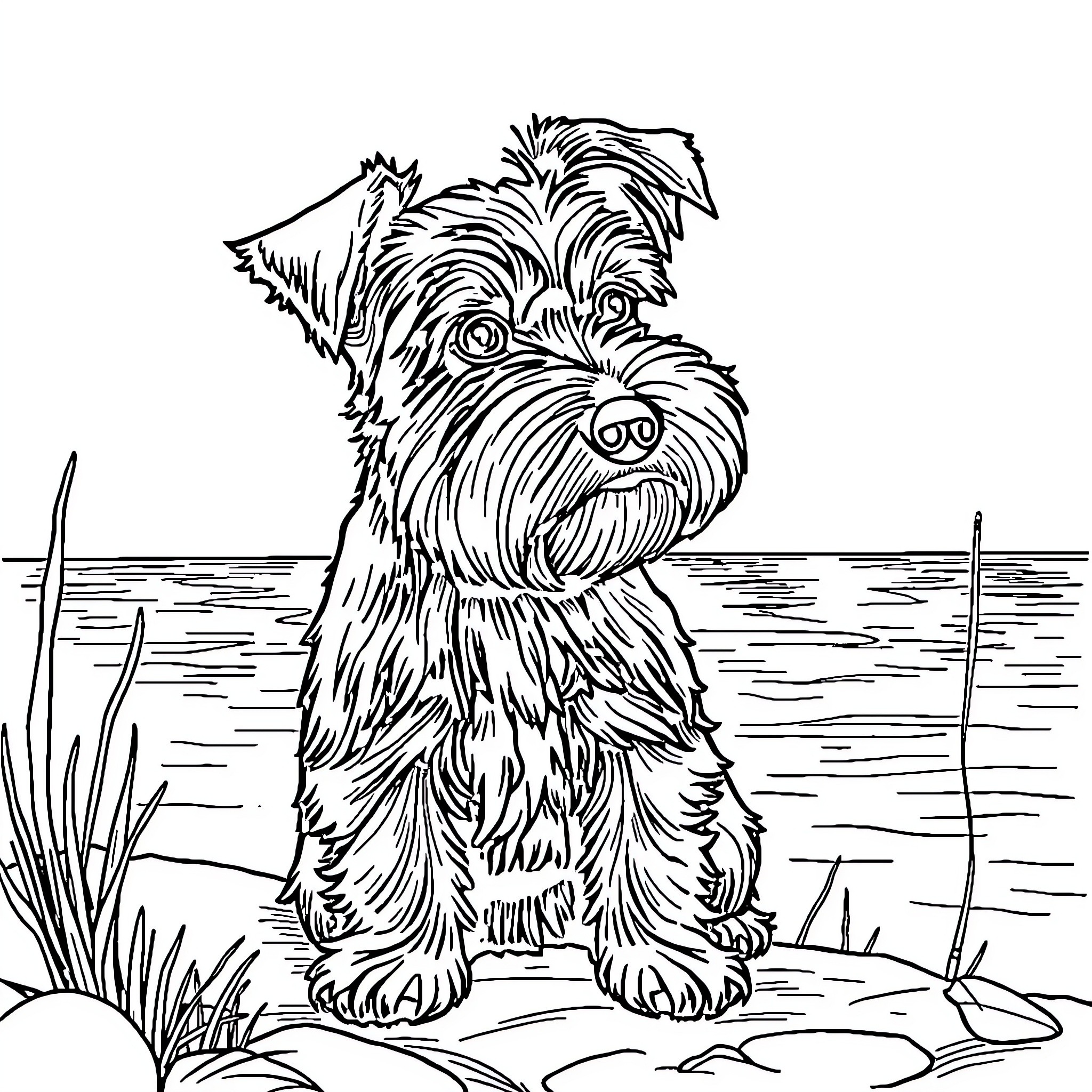 Schnauzer enjoying the outdoors by the water Coloring Page (free black-and-white line drawing printable PDF for all, from beginners to advanced learners, including children, teens, adults, and seniors)