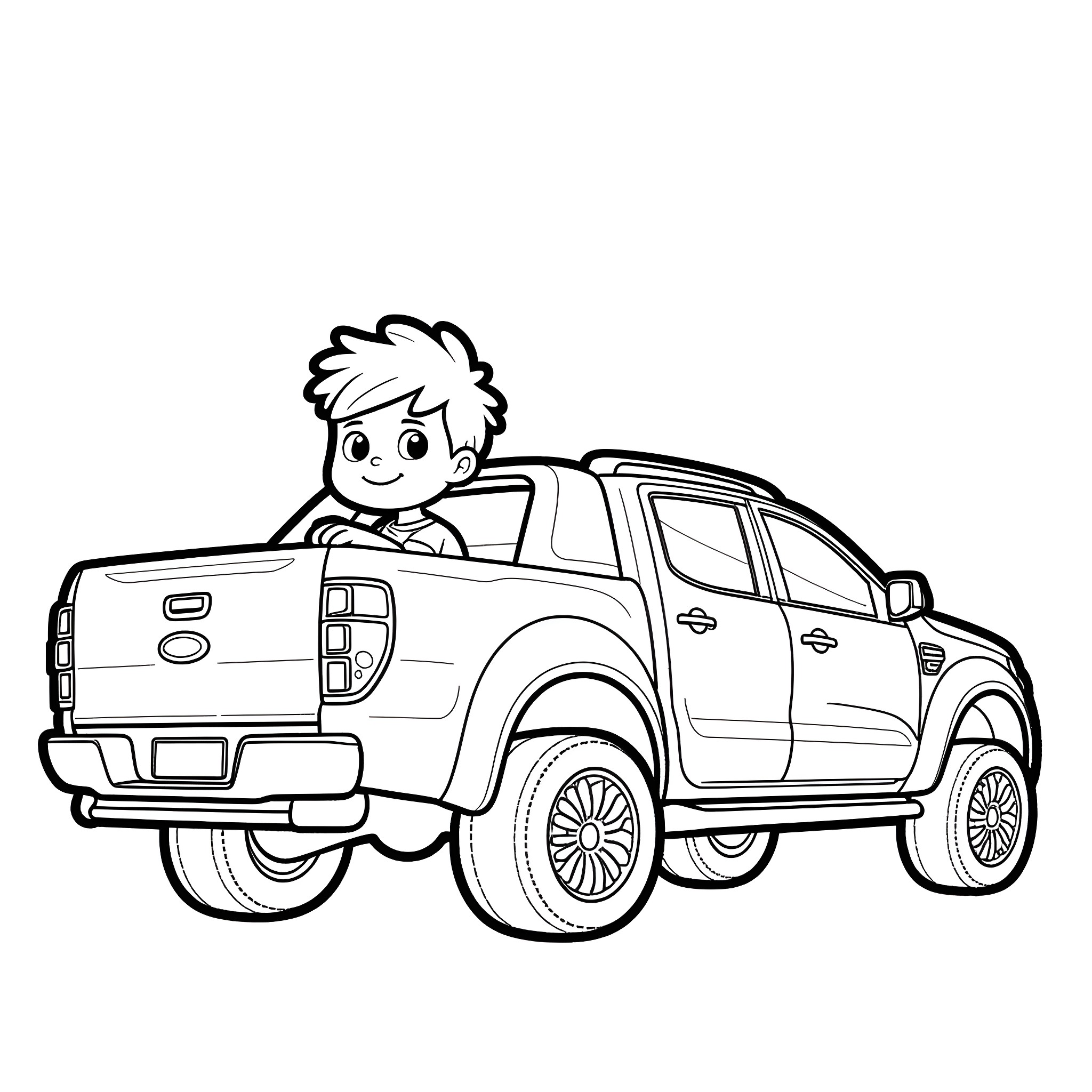 Boy enjoying a ride in pickup truck Coloring Page (free black-and-white line drawing printable PDF for all, from beginners to advanced learners, including children, teens, adults, and seniors)