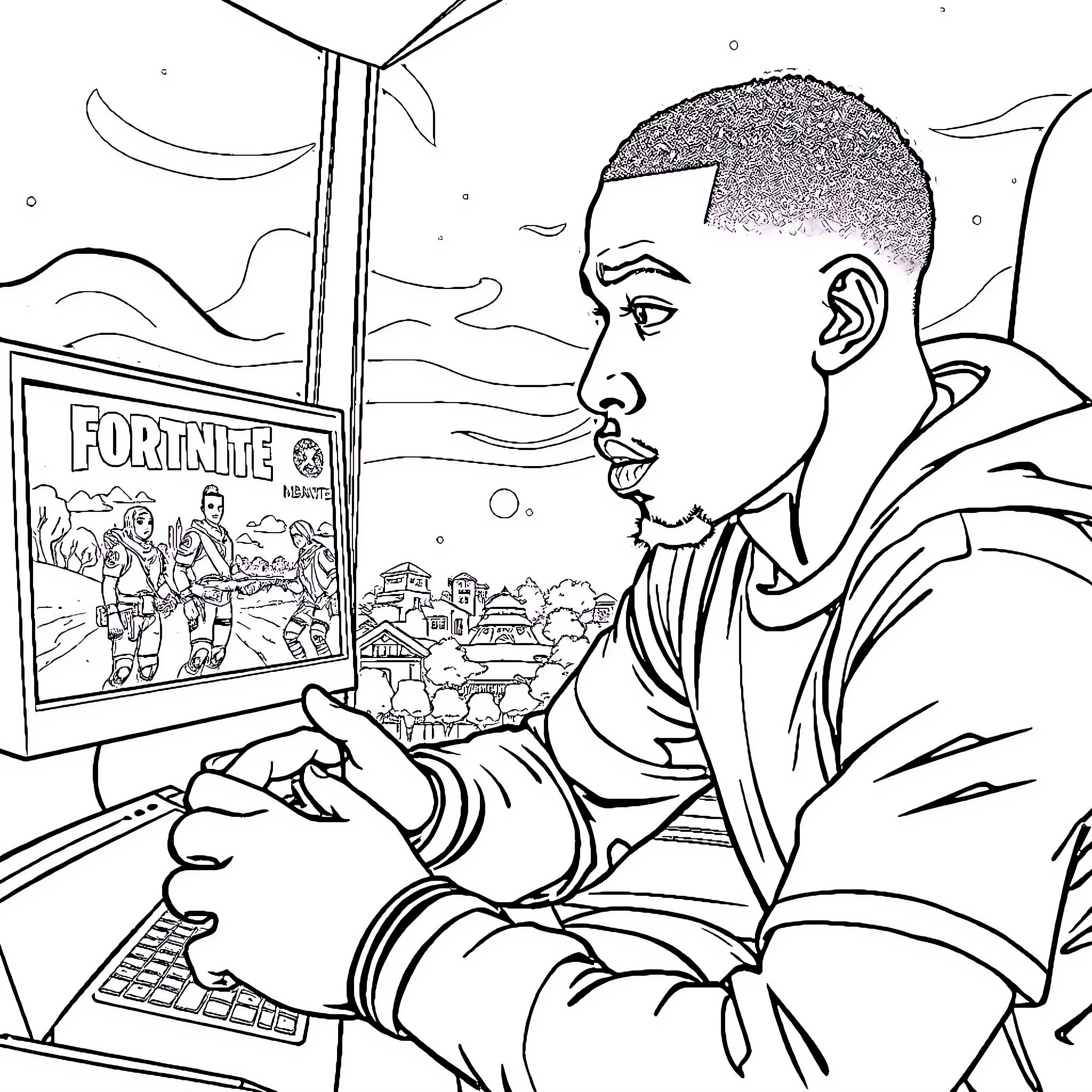 Mbappe enjoying Fortnite gameplay in front of a scenic landscape Coloring Page (free black-and-white line drawing printable PDF for all, from beginners to advanced learners, including children, teens, adults, and seniors)