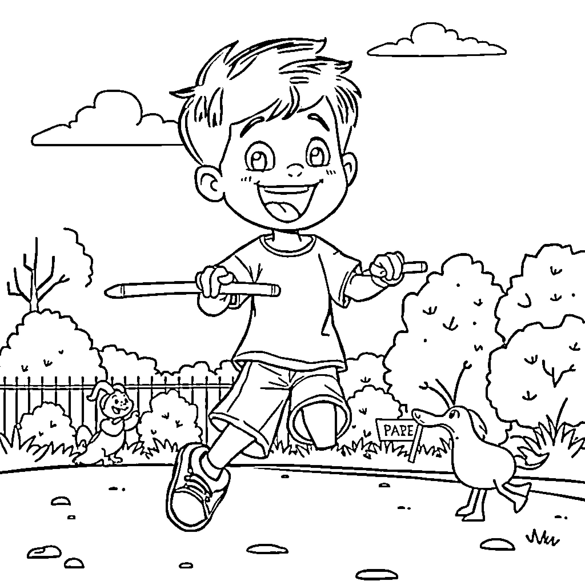 Stick Figure Boy Exploring Outdoor Yard Coloring Page (free black-and-white line drawing printable PDF for all, from beginners to advanced learners, including children, teens, adults, and seniors)