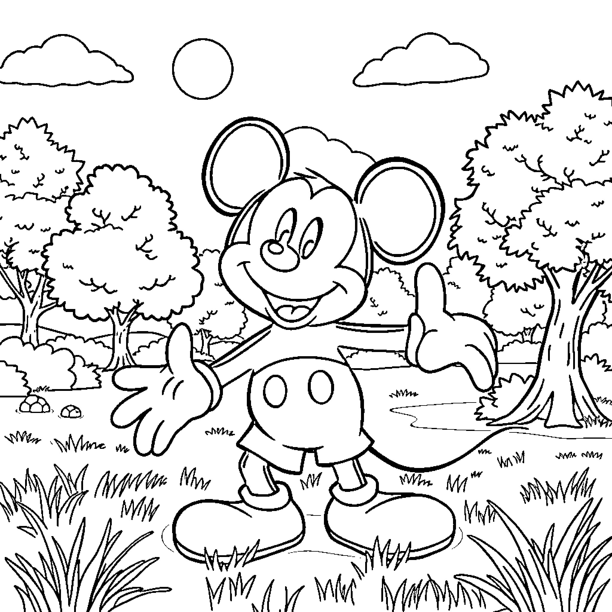 Mickey Mouse exploring the enchanting forest landscape Coloring Page (free black-and-white line drawing printable PDF for all, from beginners to advanced learners, including children, teens, adults, and seniors)
