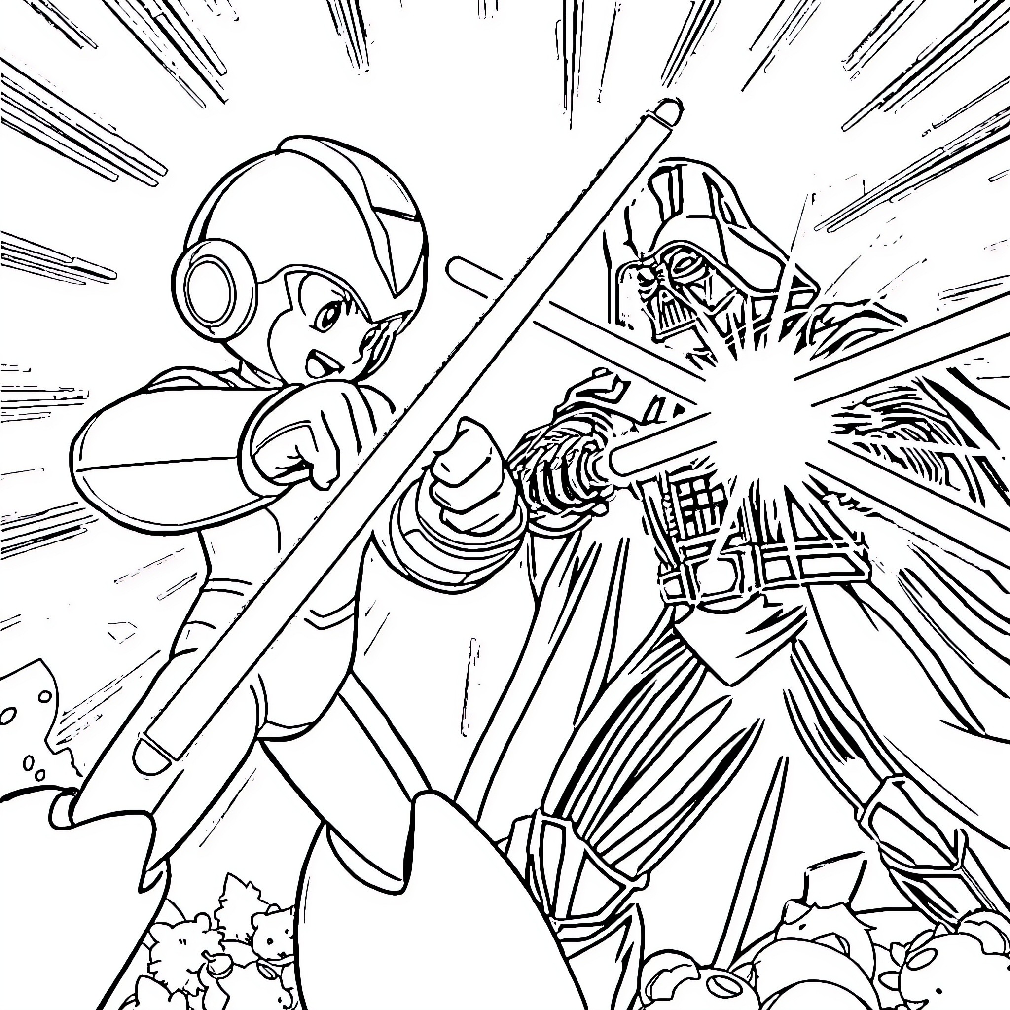 Megaman in epic battle against Darth Vader Coloring Page (free black-and-white line drawing printable PDF for all, from beginners to advanced learners, including children, teens, adults, and seniors)