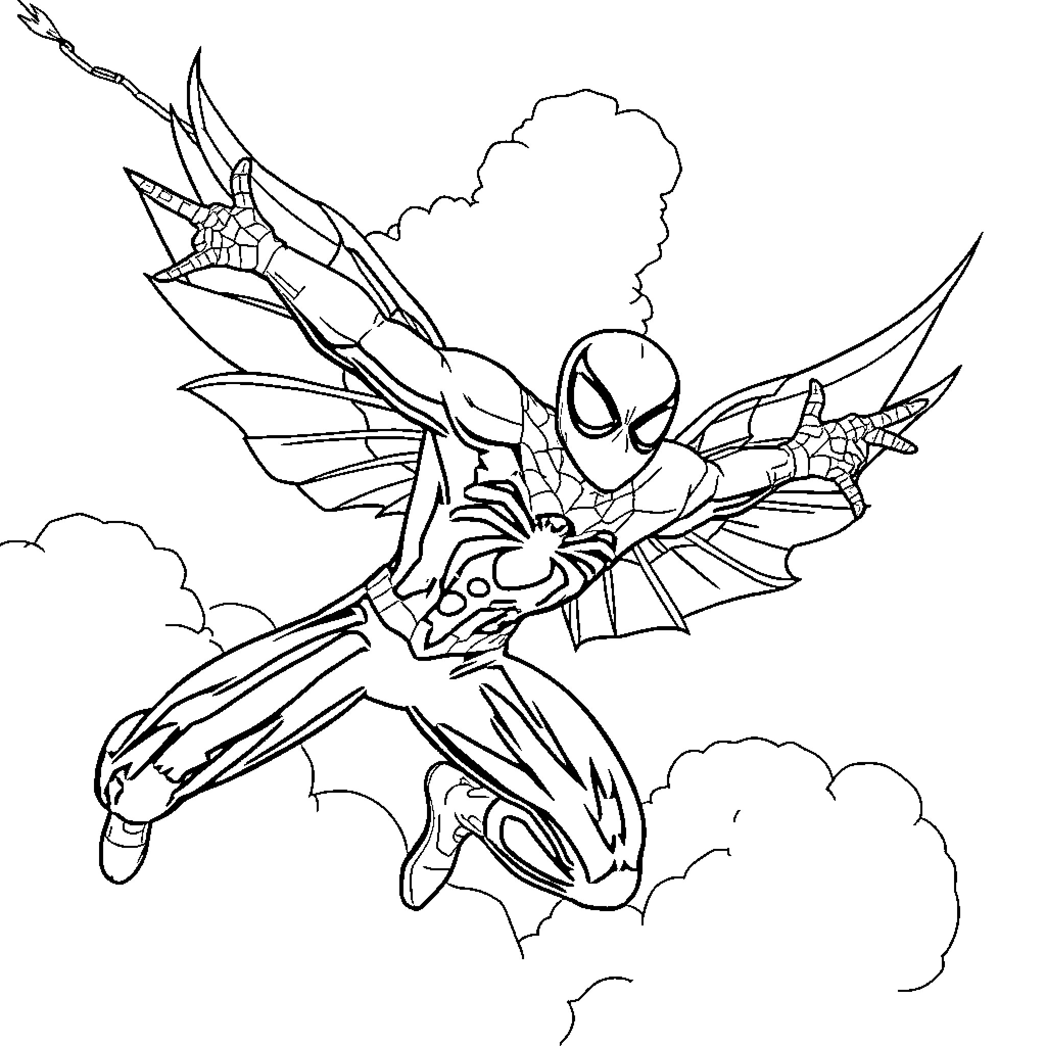 Spidey soaring through the sky in action Coloring Page (free black-and-white line drawing printable PDF for all, from beginners to advanced learners, including children, teens, adults, and seniors)