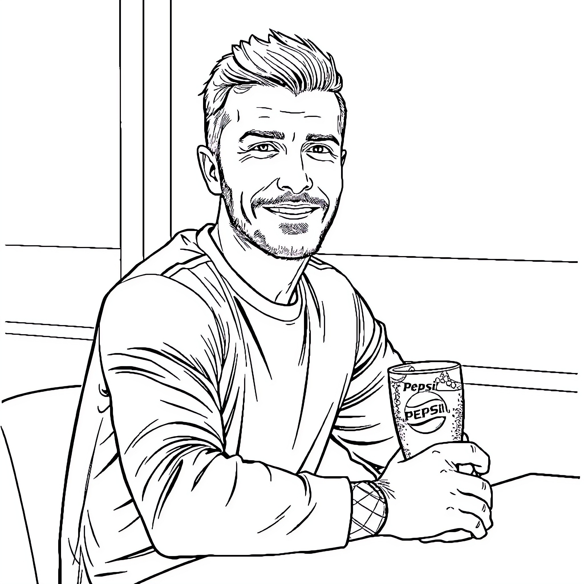 David Beckham enjoying a soft drink Coloring Page (free black-and-white line drawing printable PDF for all, from beginners to advanced learners, including children, teens, adults, and seniors)