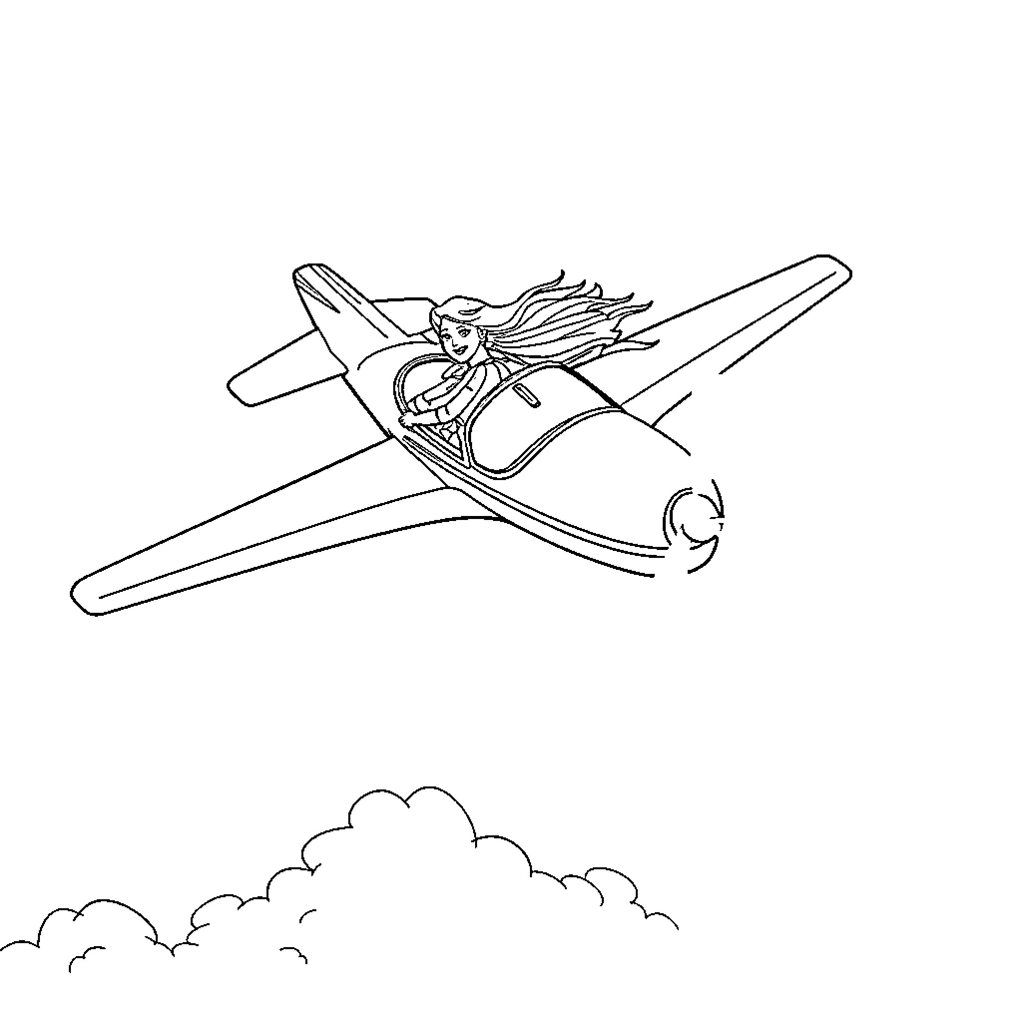 Woman piloting a small plane in the sky Coloring Page (free black-and-white line drawing printable PDF for all, from beginners to advanced learners, including children, teens, adults, and seniors)