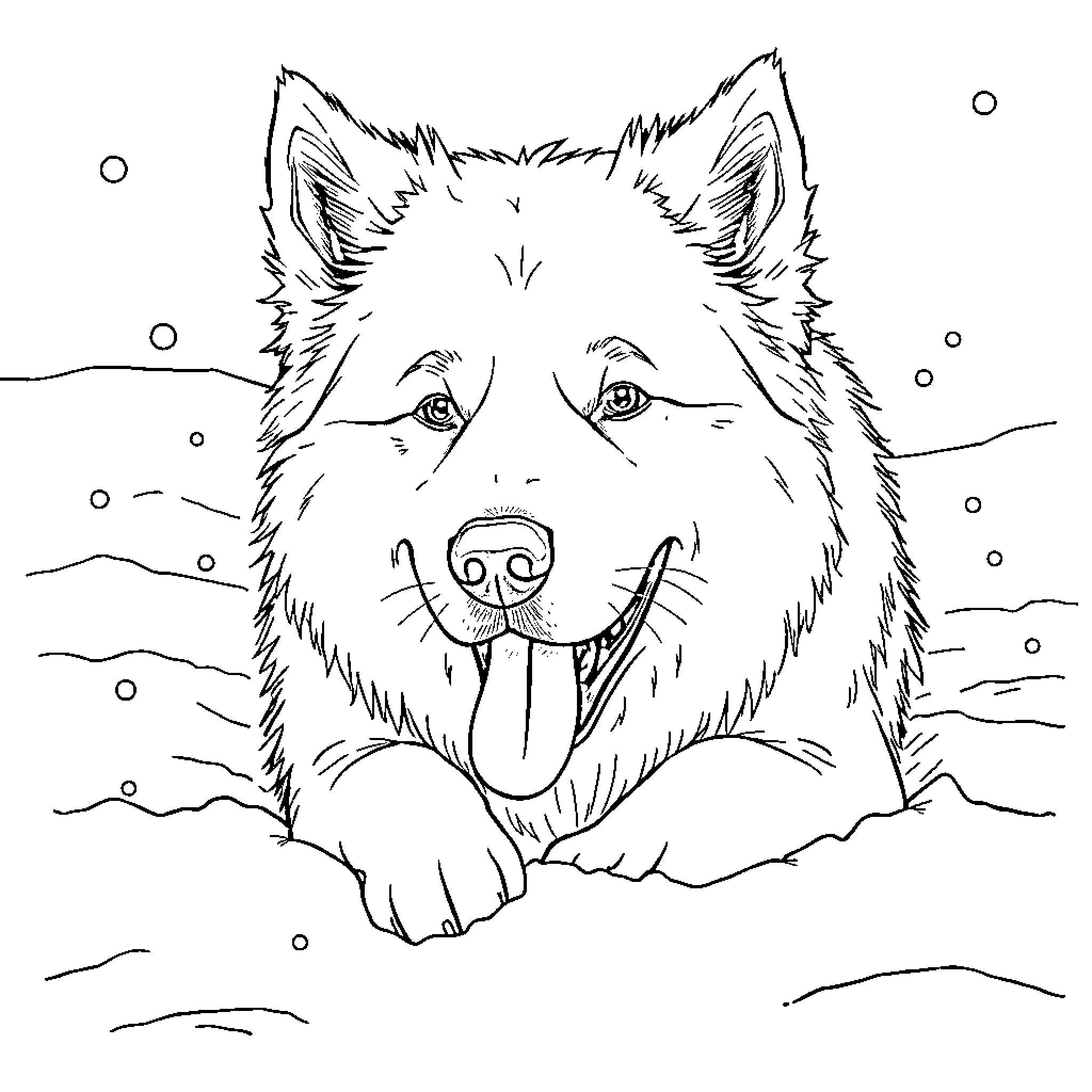 Great Pyrenees happily relaxing in the snow Coloring Page (free black-and-white line drawing printable PDF for all, from beginners to advanced learners, including children, teens, adults, and seniors)