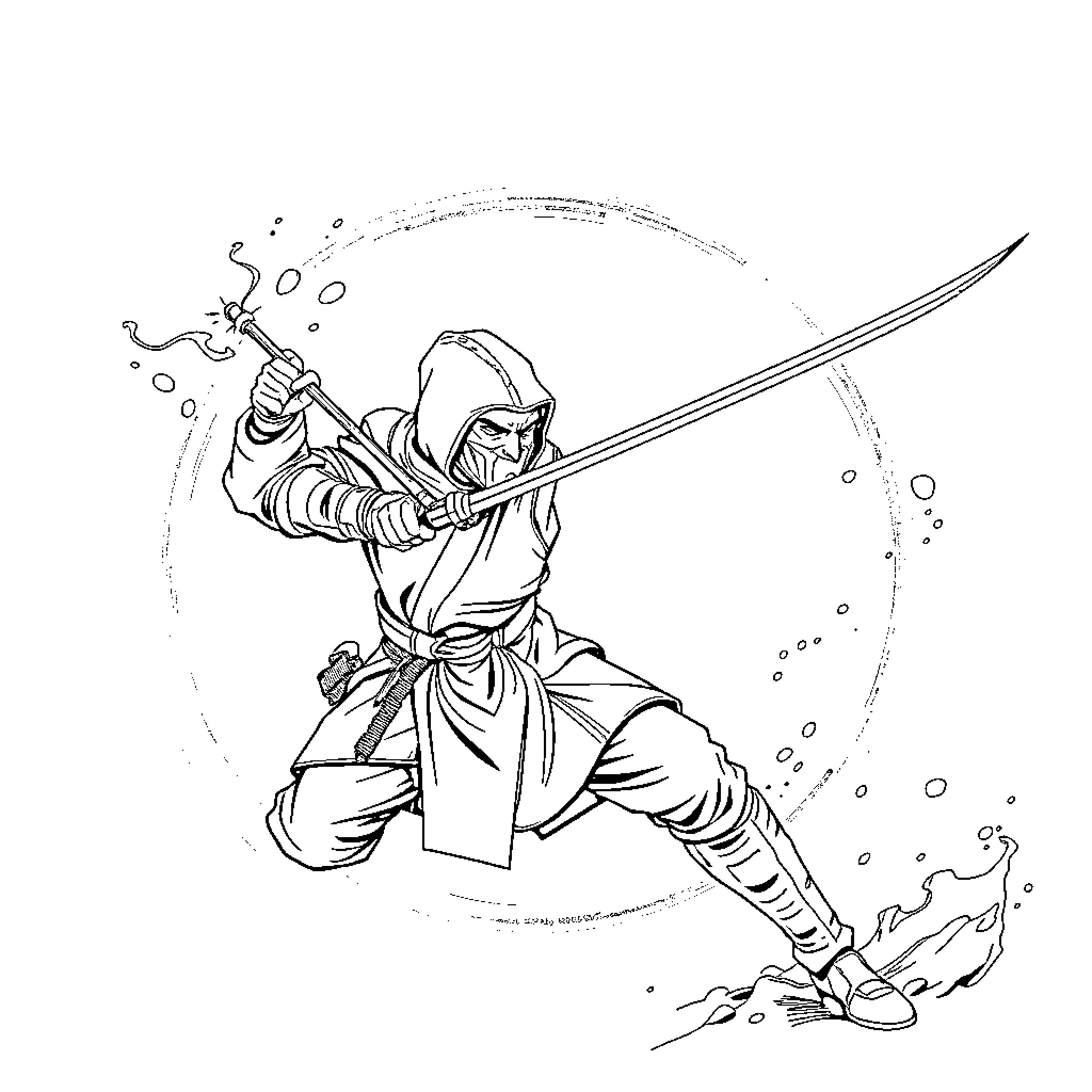 Fencer engaged in dynamic swordplay Coloring Page (free black-and-white line drawing printable PDF for all, from beginners to advanced learners, including children, teens, adults, and seniors)