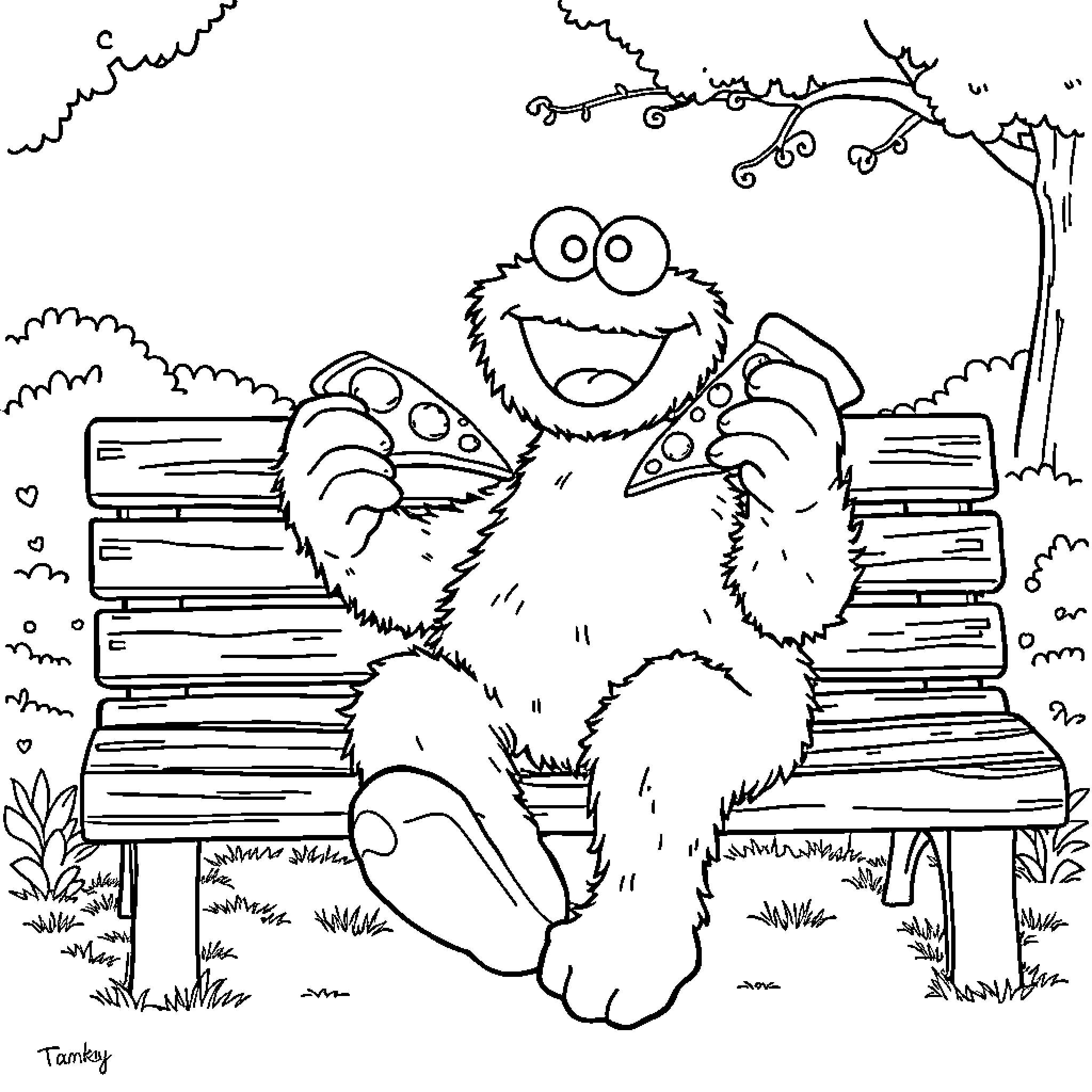 Cookie Monster enjoying a slice of pizza on a park bench Coloring Page (free black-and-white line drawing printable PDF for all, from beginners to advanced learners, including children, teens, adults, and seniors)