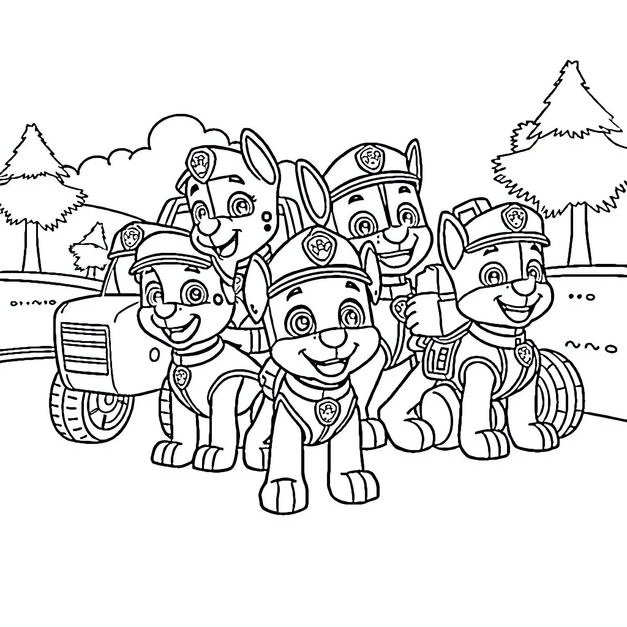 Paw Patrol team ready for adventure Coloring Page (free black-and-white line drawing printable PDF for all, from beginners to advanced learners, including children, teens, adults, and seniors)