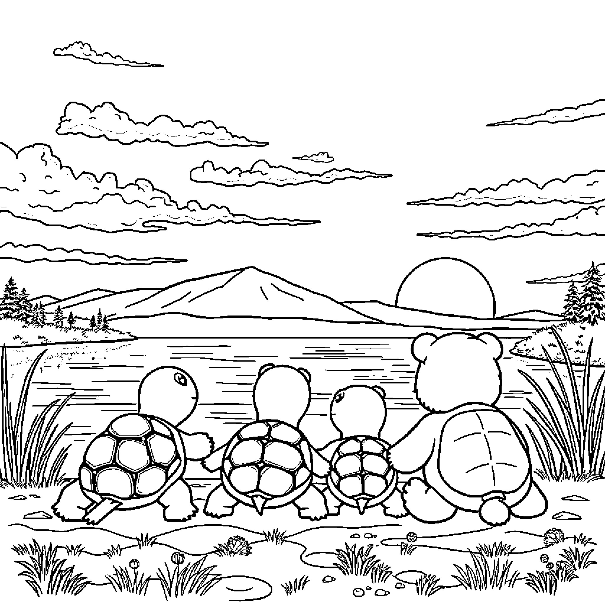 Turtles enjoying a scenic lakeside view Coloring Page (free black-and-white line drawing printable PDF for all, from beginners to advanced learners, including children, teens, adults, and seniors)
