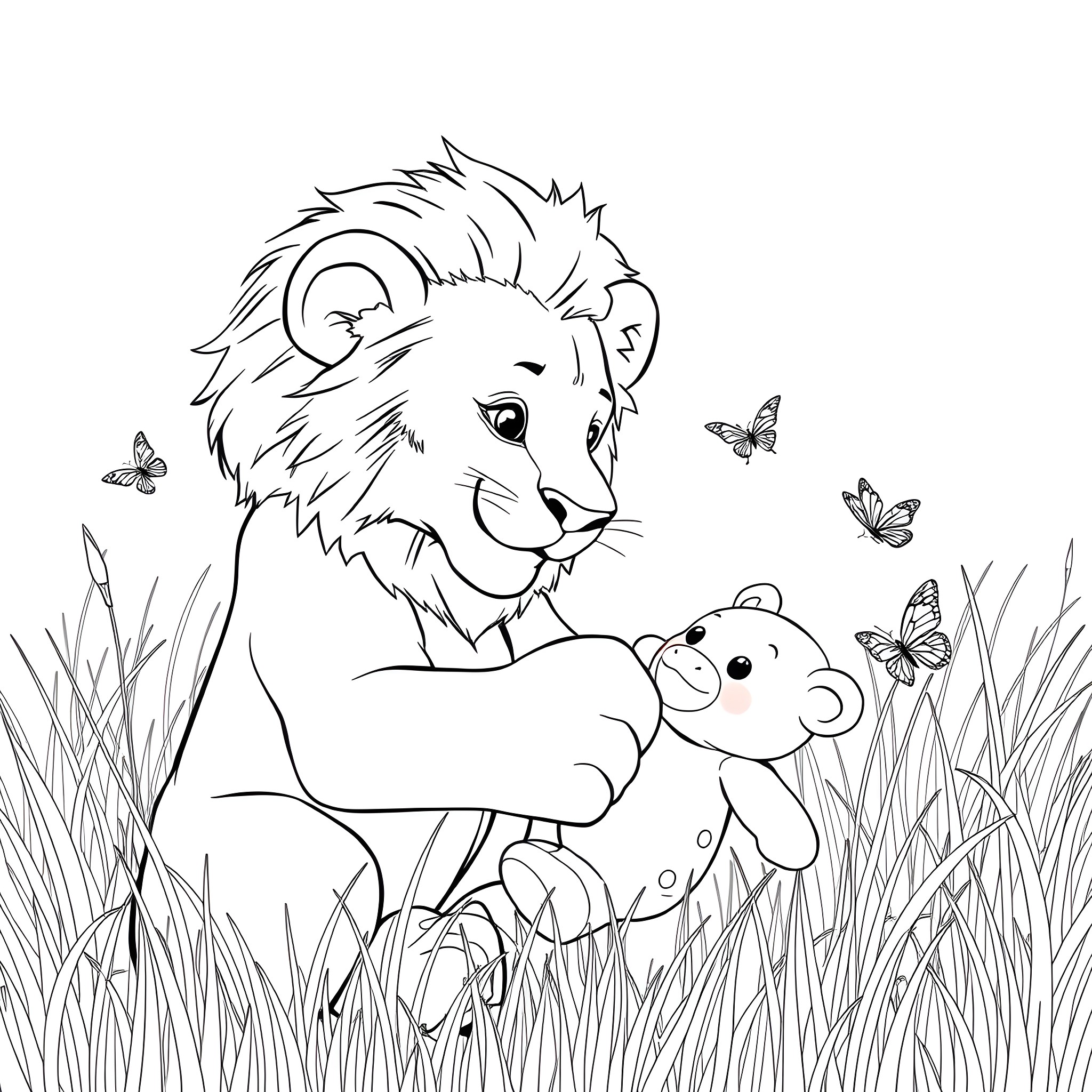 Lion Playing with Stuffed Animal in the Grass Coloring Page (free black-and-white line drawing printable PDF for all, from beginners to advanced learners, including children, teens, adults, and seniors)