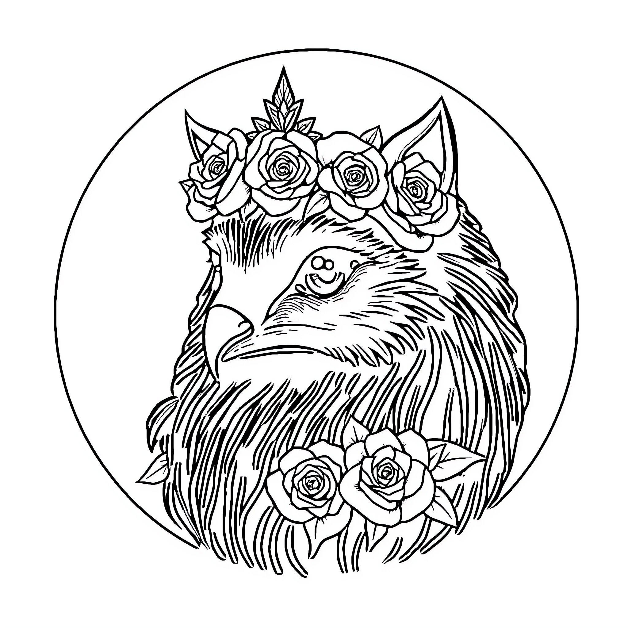 Cat with floral crown in ornate circle Coloring Page (free black-and-white line drawing printable PDF for all, from beginners to advanced learners, including children, teens, adults, and seniors)