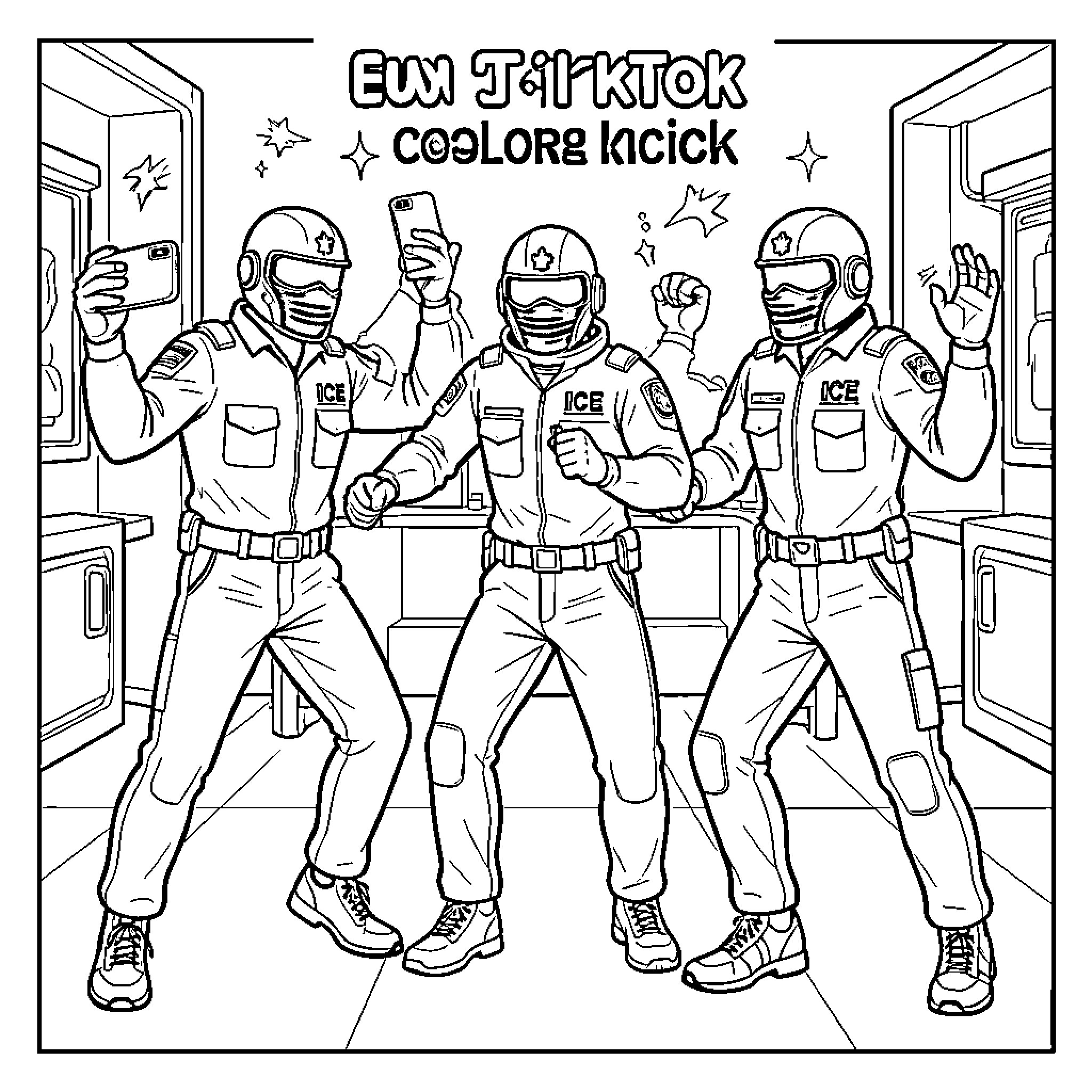 Ice Agents Celebrating TikTok Challenge Coloring Page (free black-and-white line drawing printable PDF for all, from beginners to advanced learners, including children, teens, adults, and seniors)