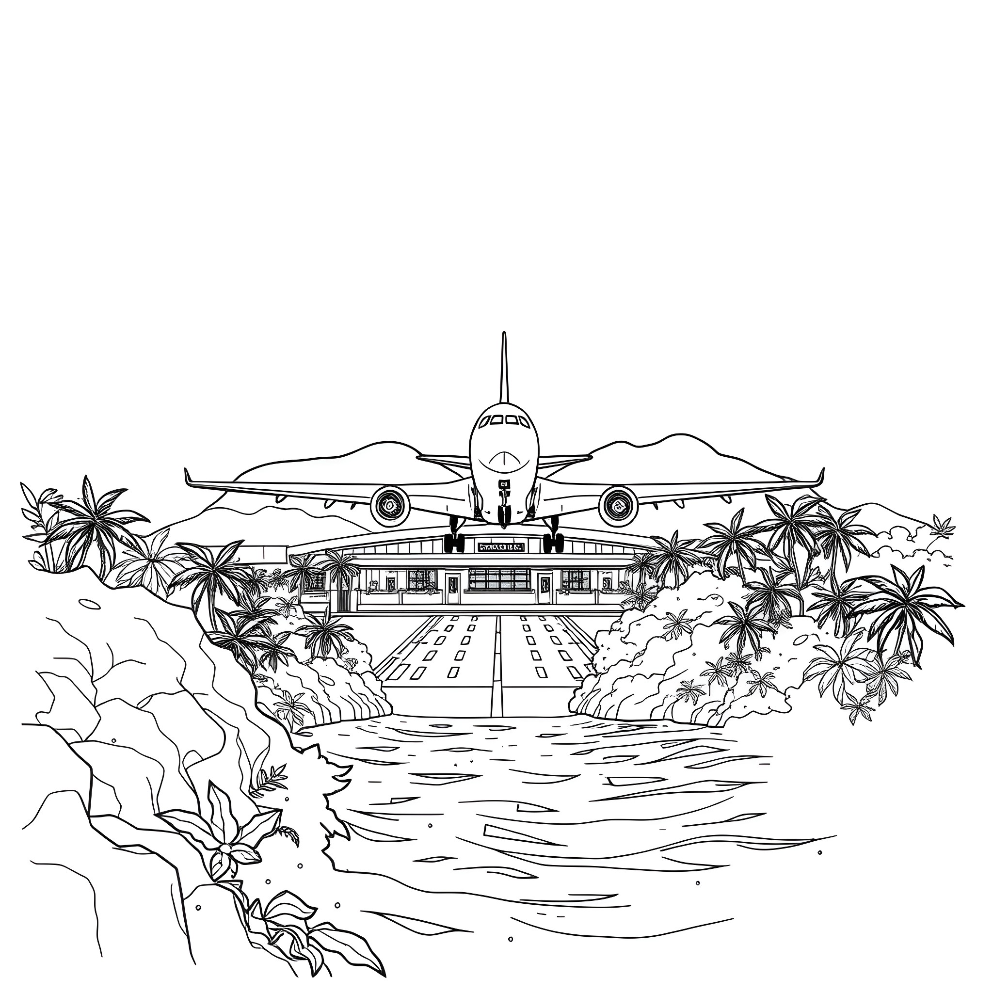 Airplane landing on a tropical island runway Coloring Page (free black-and-white line drawing printable PDF for all, from beginners to advanced learners, including children, teens, adults, and seniors)
