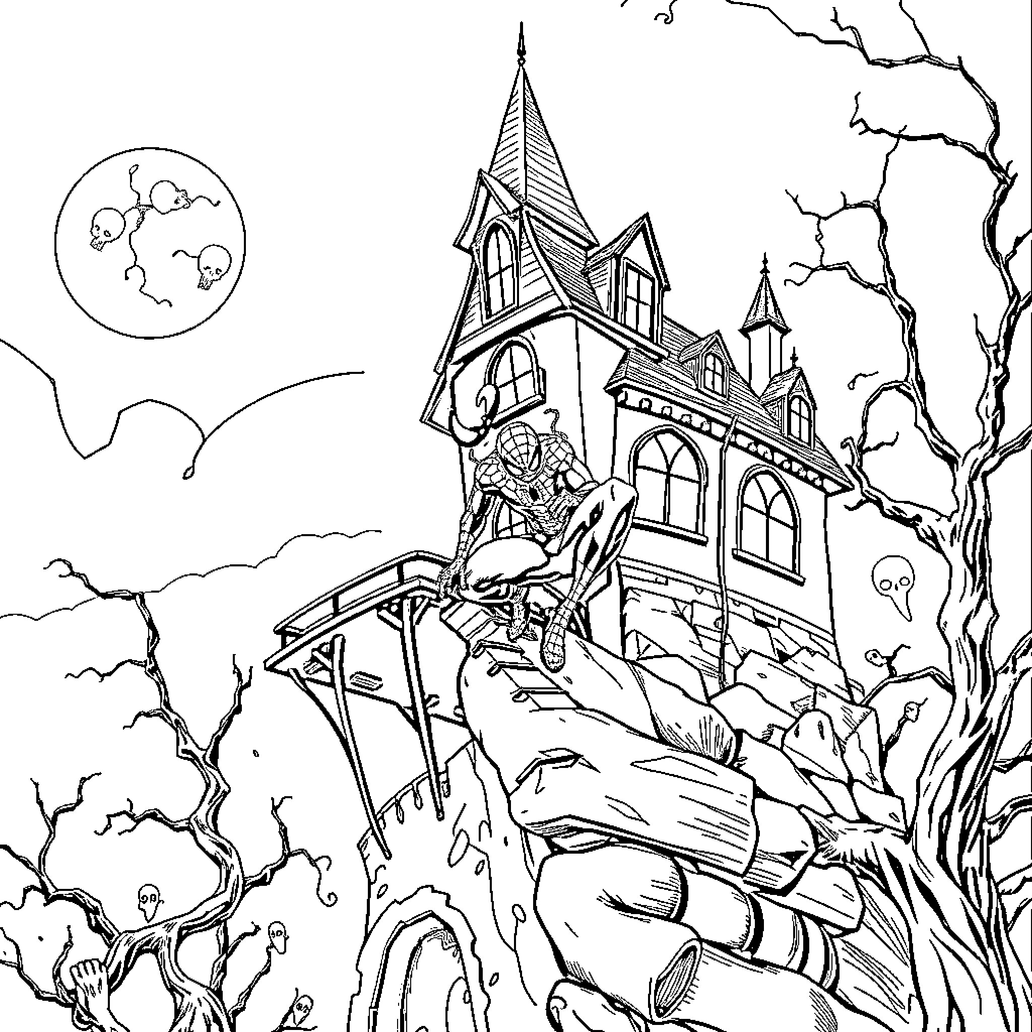 Spiderman exploring haunted mansion on a creepy night Coloring Page (free black-and-white line drawing printable PDF for all, from beginners to advanced learners, including children, teens, adults, and seniors)