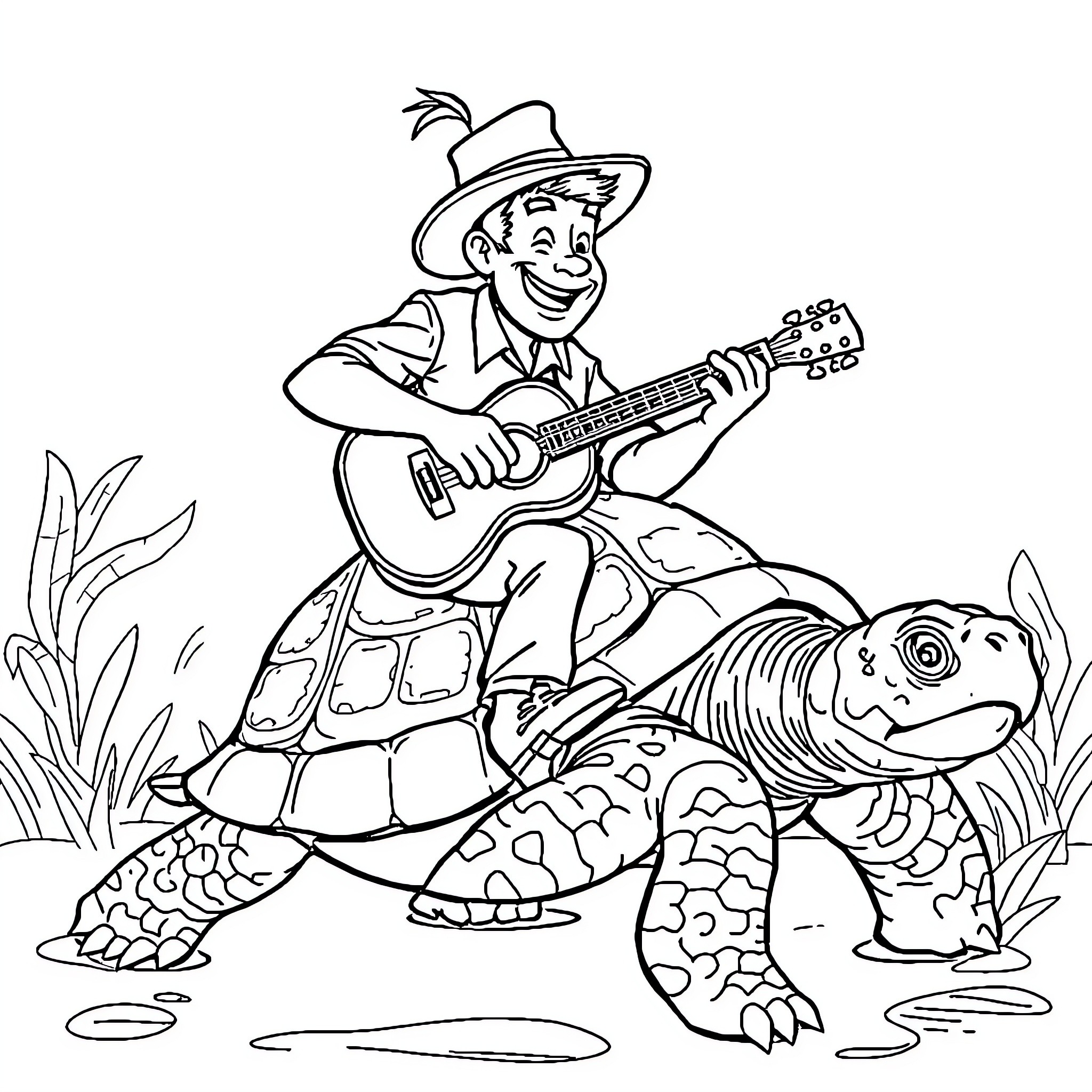 Barman performs musical show on a turtle Coloring Page (free black-and-white line drawing printable PDF for all, from beginners to advanced learners, including children, teens, adults, and seniors)