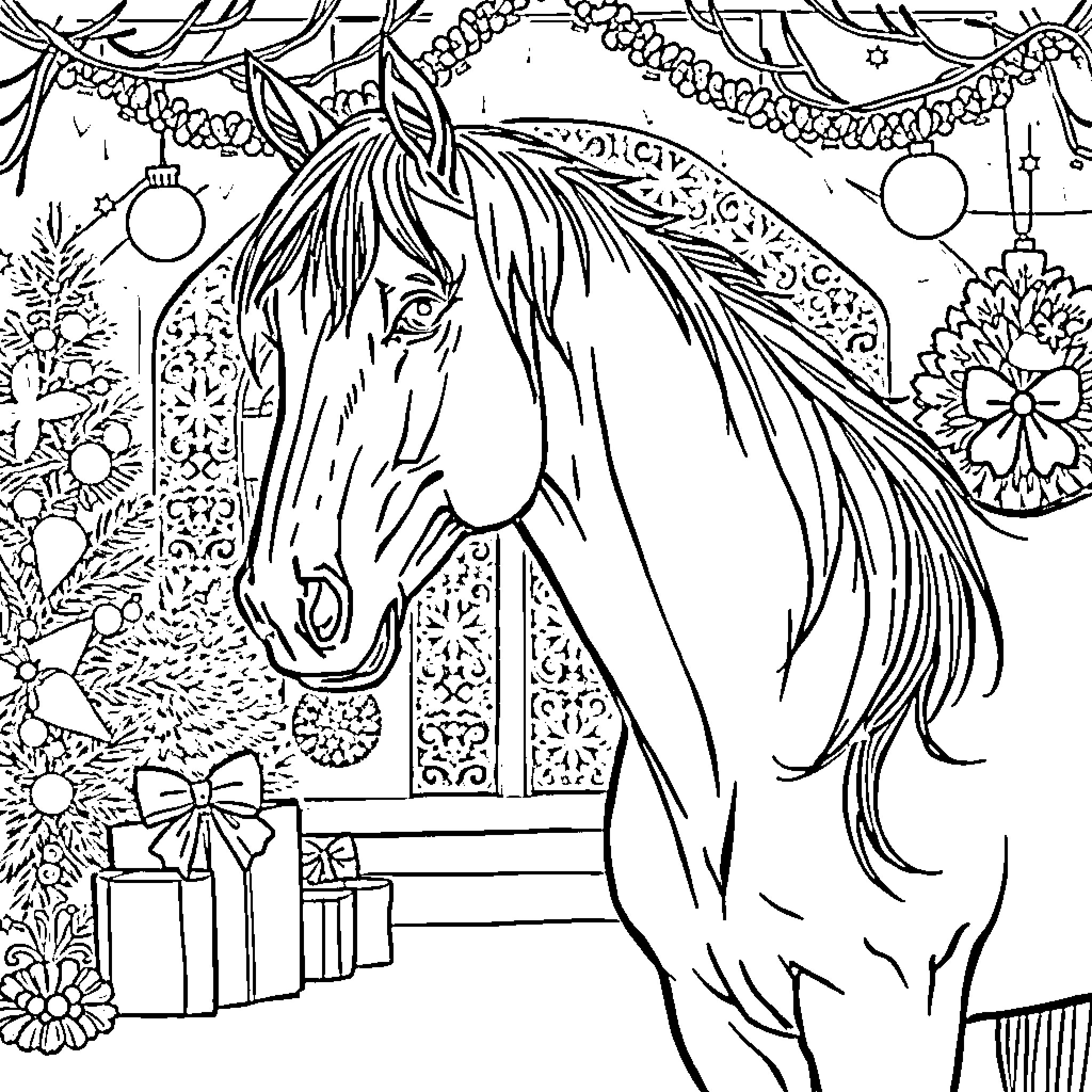 Gypsy Vanner Horse celebrating the holidays Coloring Page (free black-and-white line drawing printable PDF for all, from beginners to advanced learners, including children, teens, adults, and seniors)
