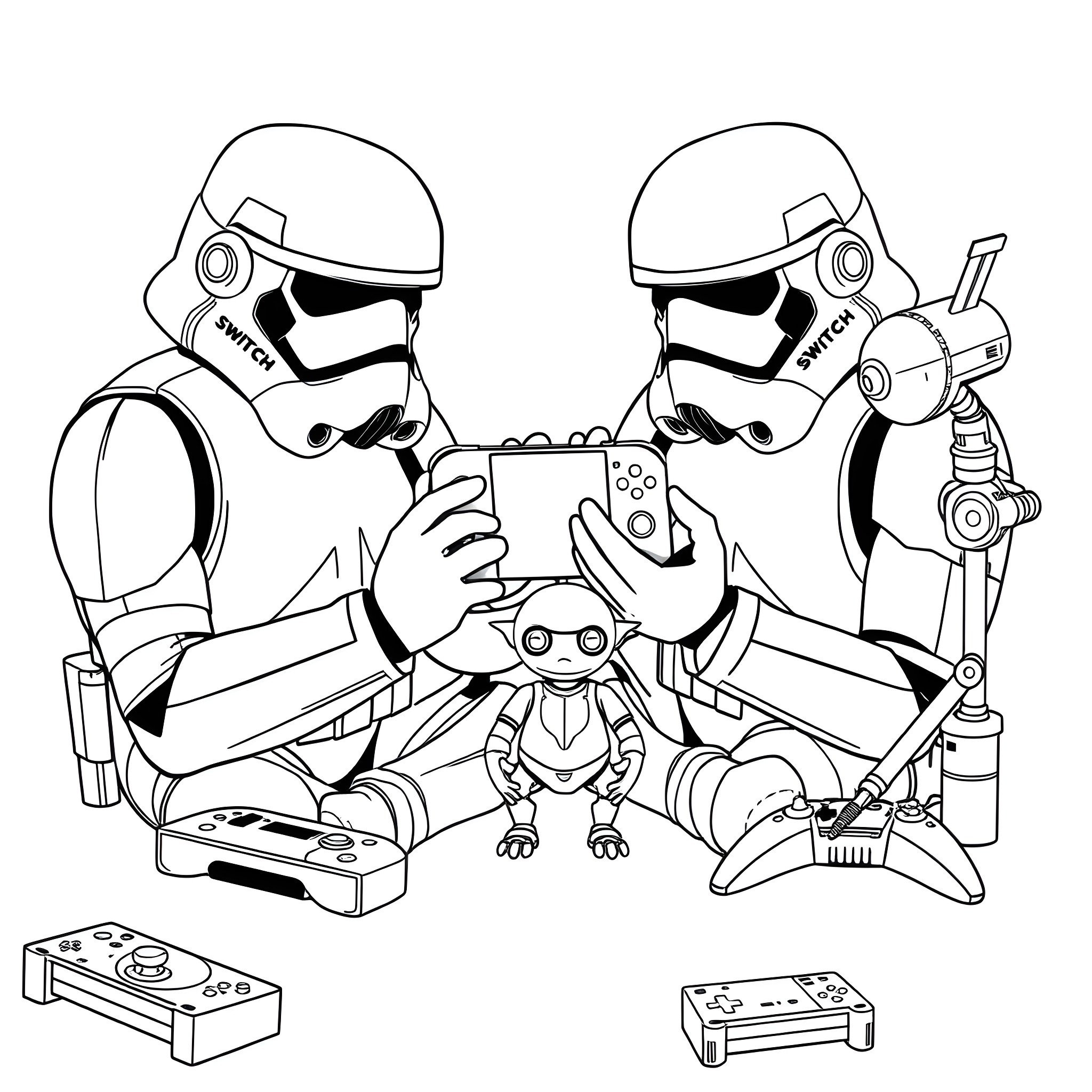 Stormtroopers playing video games with a small droid Coloring Page (free black-and-white line drawing printable PDF for all, from beginners to advanced learners, including children, teens, adults, and seniors)