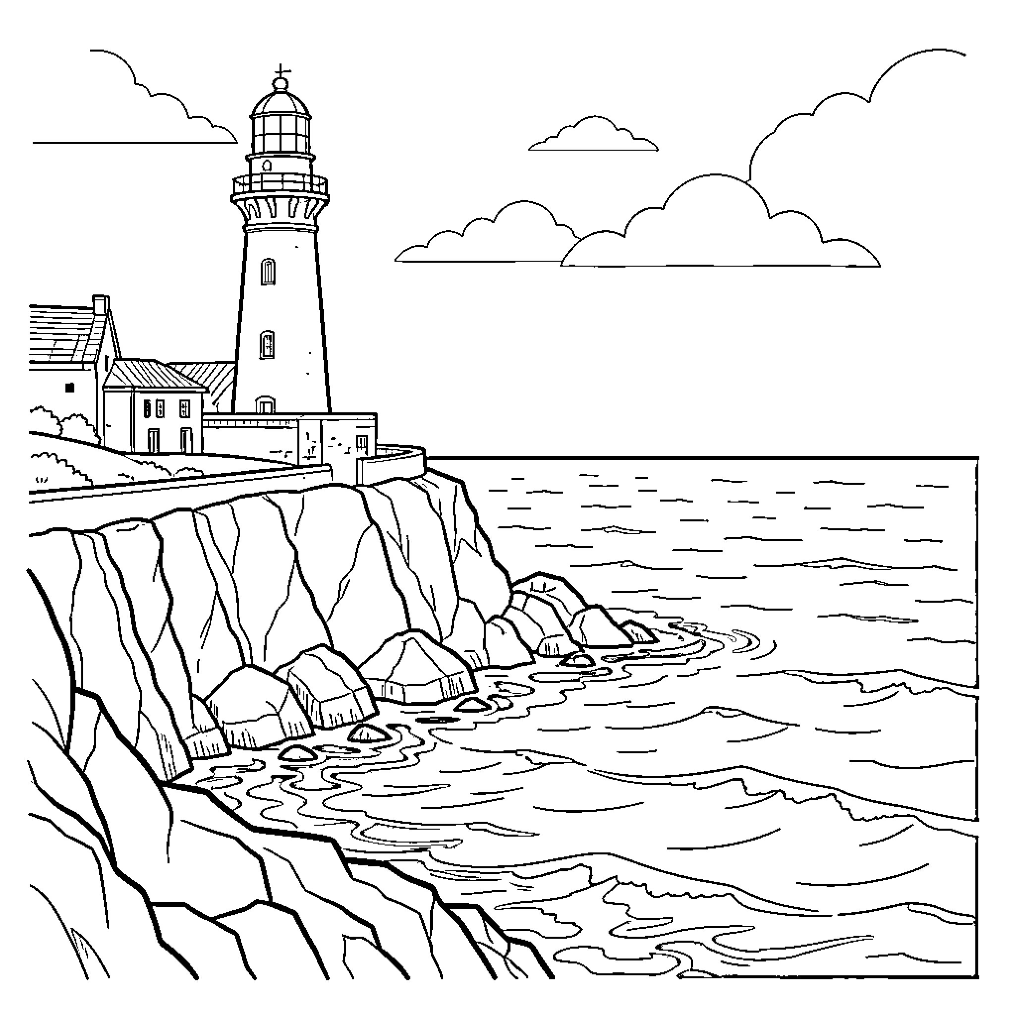 Lighthouse overlooking the rocky seaside landscape Coloring Page (free black-and-white line drawing printable PDF for all, from beginners to advanced learners, including children, teens, adults, and seniors)