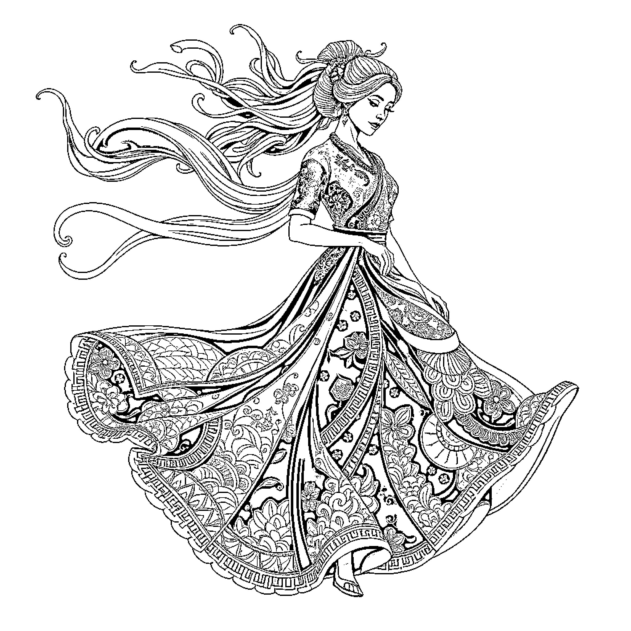 Attire of a Graceful Dancer in Motion Coloring Page (free black-and-white line drawing printable PDF for all, from beginners to advanced learners, including children, teens, adults, and seniors)