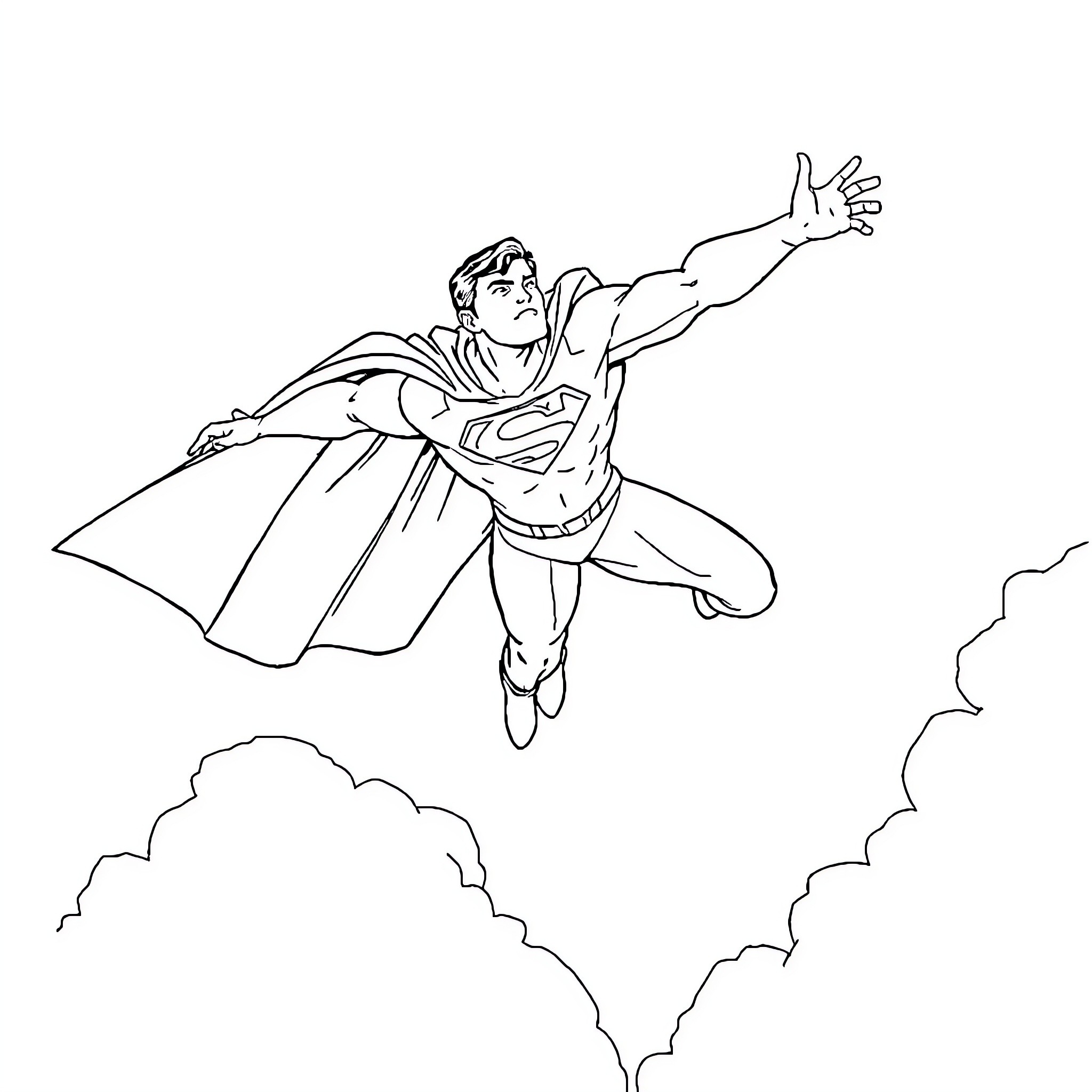 Superman soaring through the skies Coloring Page (free black-and-white line drawing printable PDF for all, from beginners to advanced learners, including children, teens, adults, and seniors)