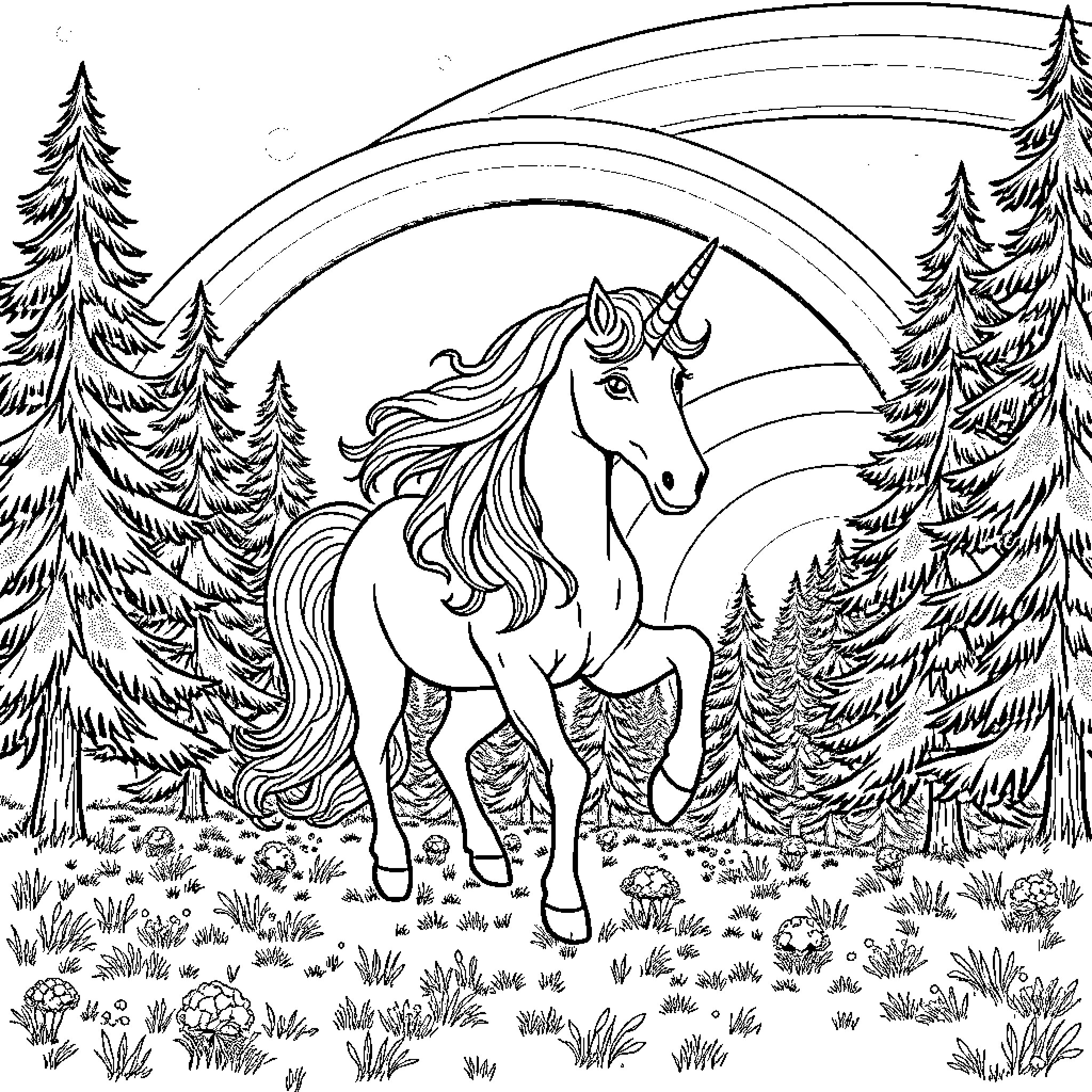 Unicorn galloping in enchanted forest Coloring Page (free black-and-white line drawing printable PDF for all, from beginners to advanced learners, including children, teens, adults, and seniors)