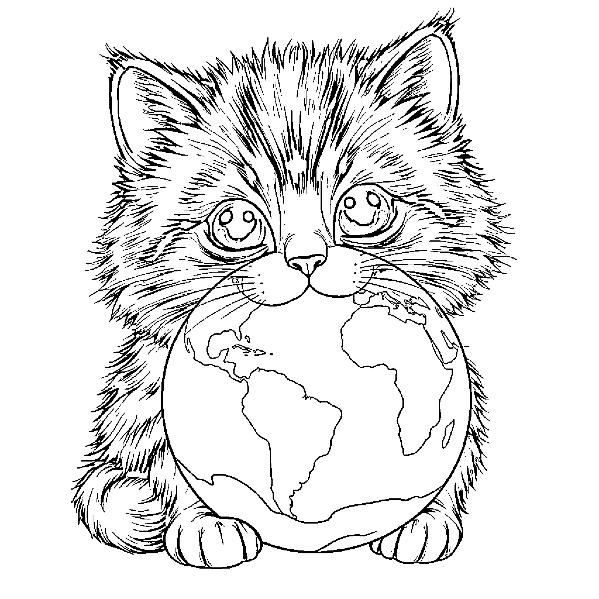 Kitten holding the world in its paws Coloring Page (free black-and-white line drawing printable PDF for all, from beginners to advanced learners, including children, teens, adults, and seniors)