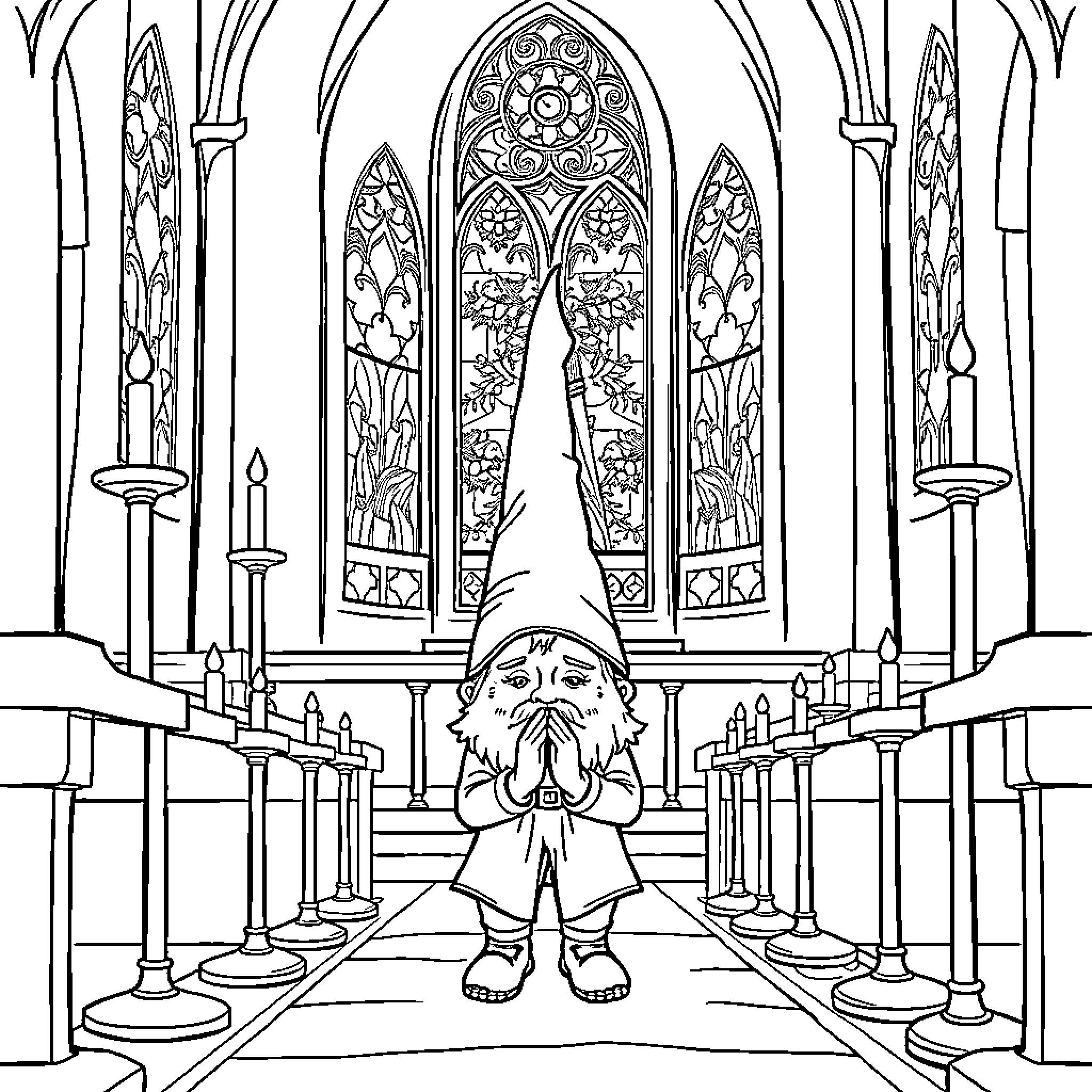 Gnome praying solemnly in a grand cathedral Coloring Page (free black-and-white line drawing printable PDF for all, from beginners to advanced learners, including children, teens, adults, and seniors)
