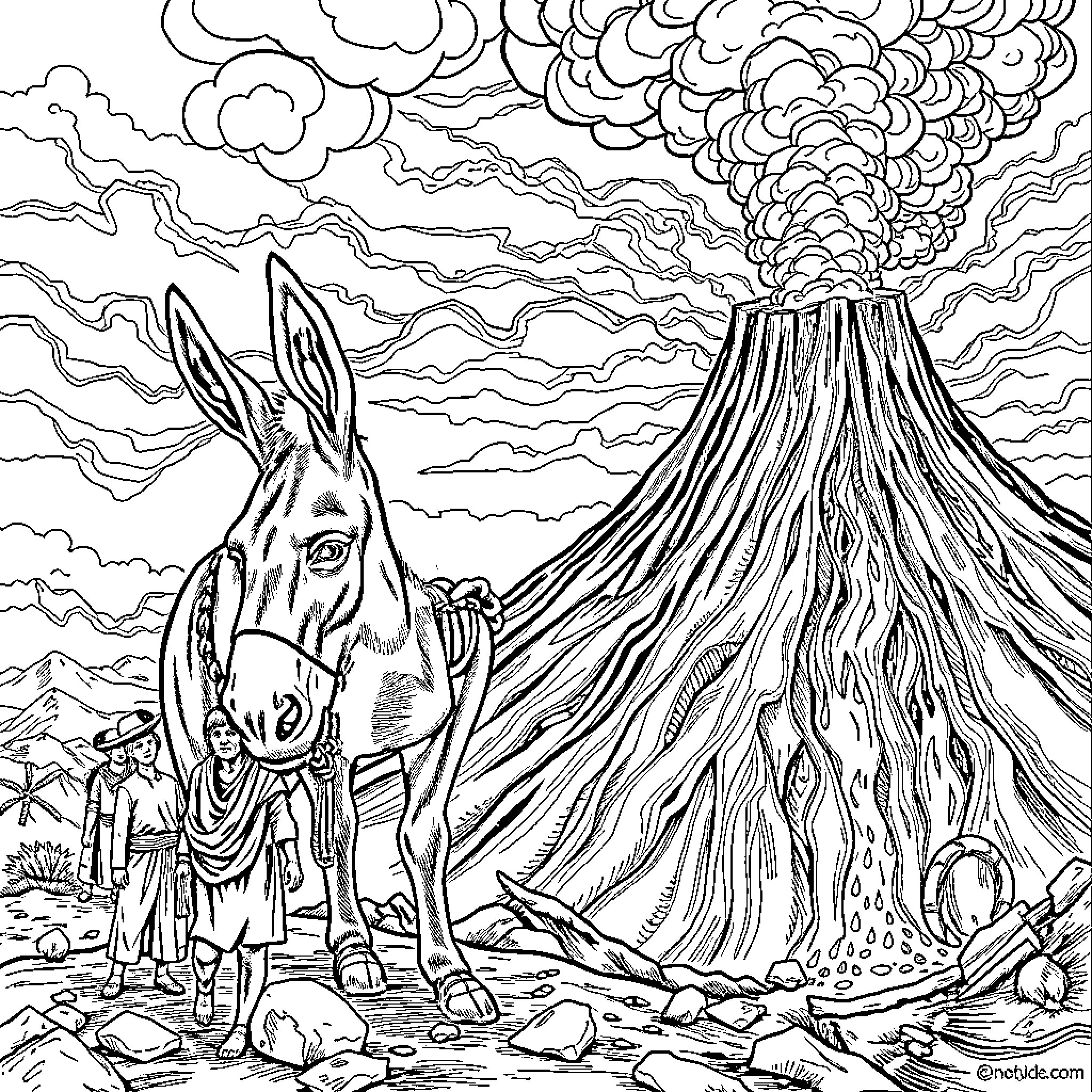 Donkey standing before a volcanic eruption Coloring Page (free black-and-white line drawing printable PDF for all, from beginners to advanced learners, including children, teens, adults, and seniors)