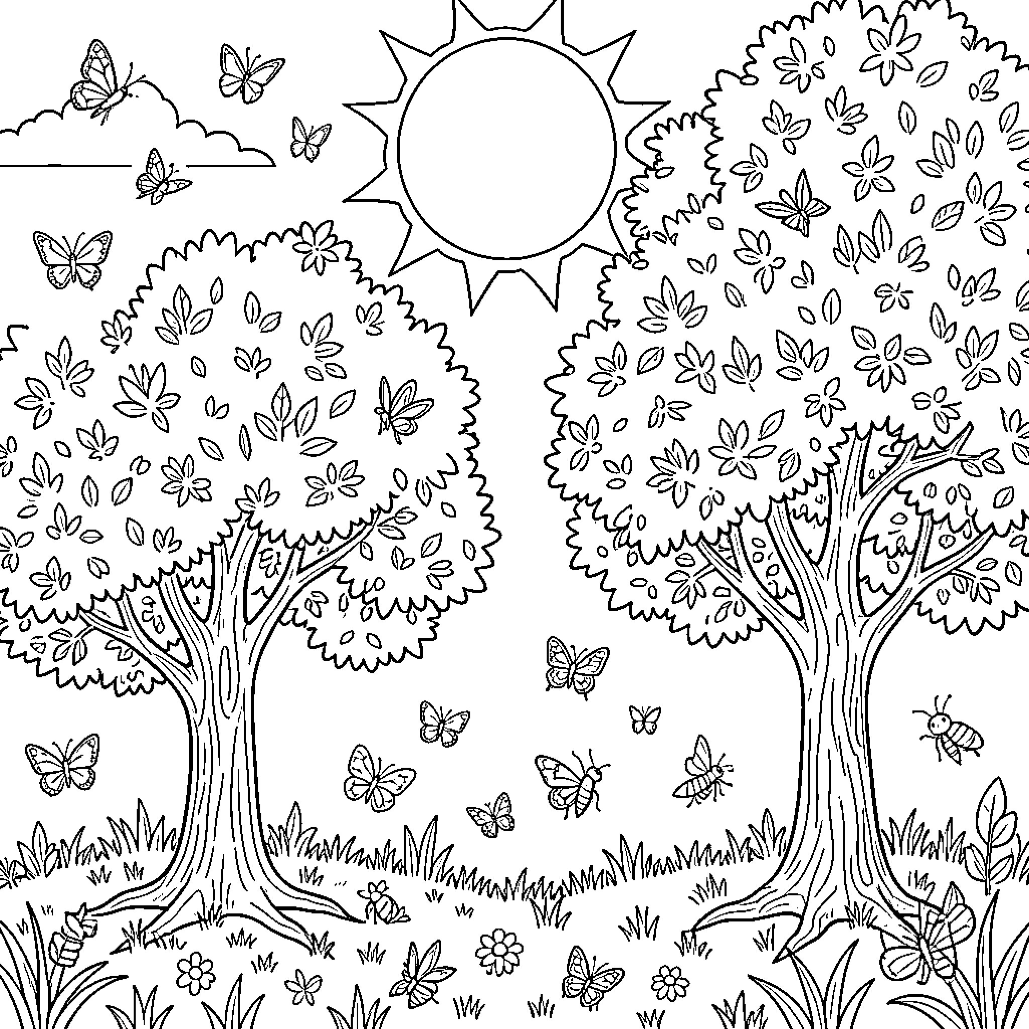 Tree landscape with butterflies flying under the sun Coloring Page (free black-and-white line drawing printable PDF for all, from beginners to advanced learners, including children, teens, adults, and seniors)