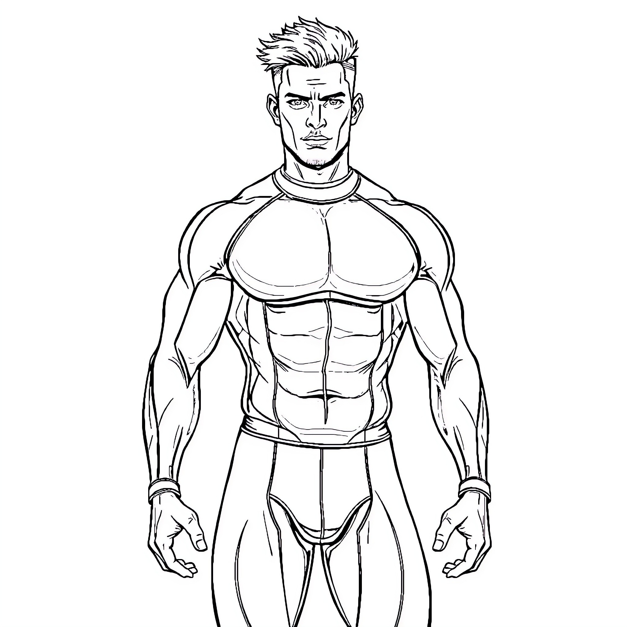 Man displaying muscular physique in athletic outfit Coloring Page (free black-and-white line drawing printable PDF for all, from beginners to advanced learners, including children, teens, adults, and seniors)