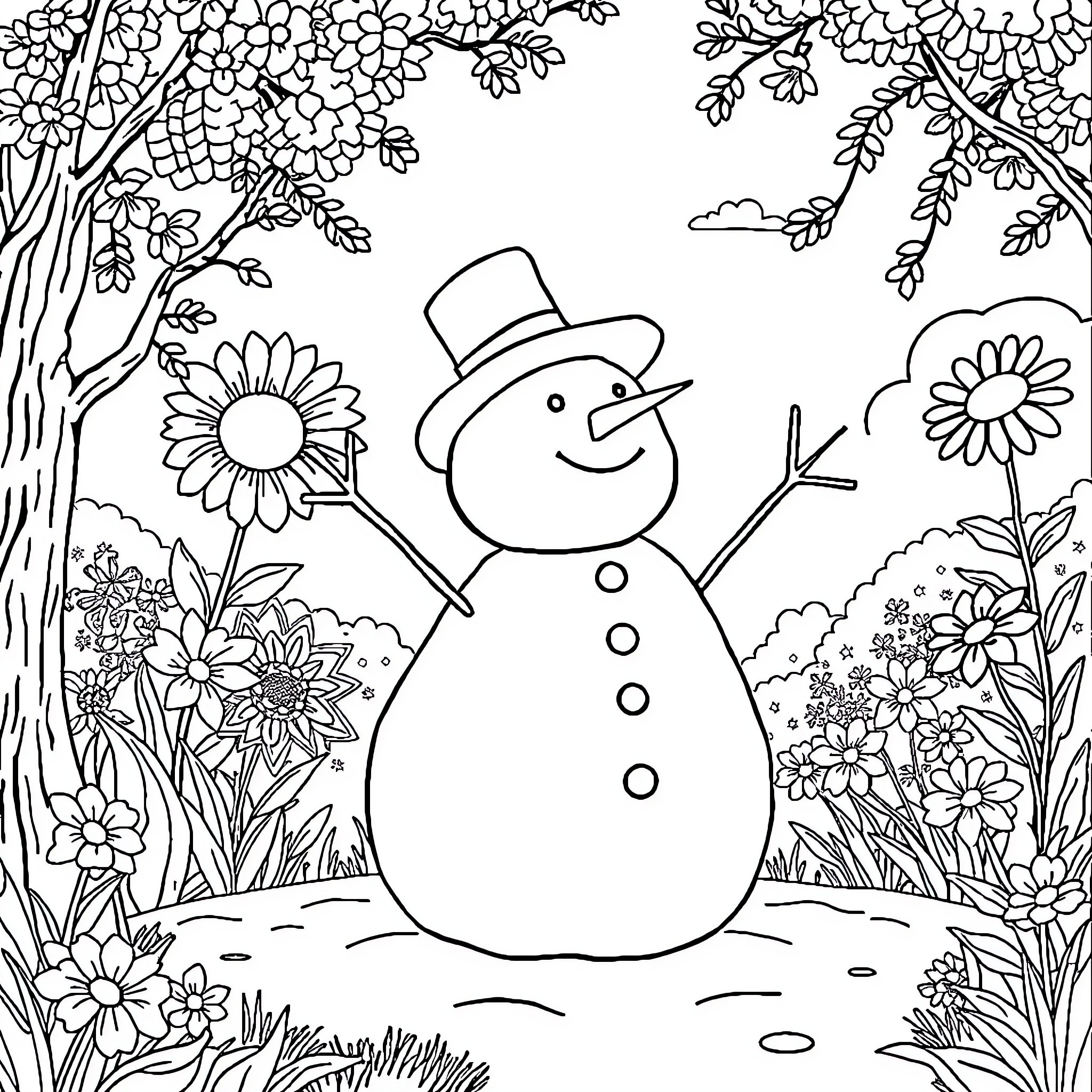 Snowman enjoying a floral garden Coloring Page (free black-and-white line drawing printable PDF for all, from beginners to advanced learners, including children, teens, adults, and seniors)