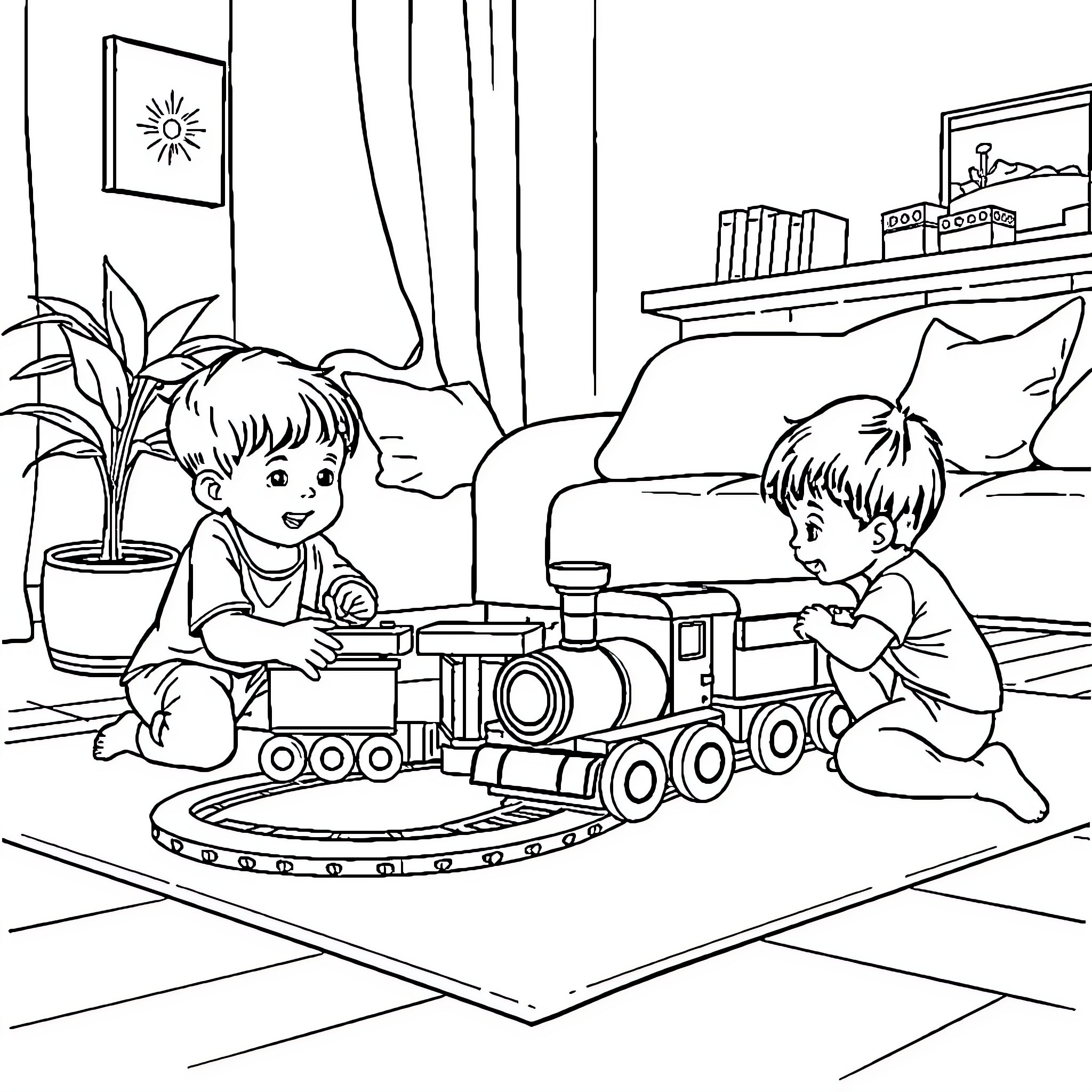 Kid playing with toy train in living room Coloring Page (free black-and-white line drawing printable PDF for all, from beginners to advanced learners, including children, teens, adults, and seniors)